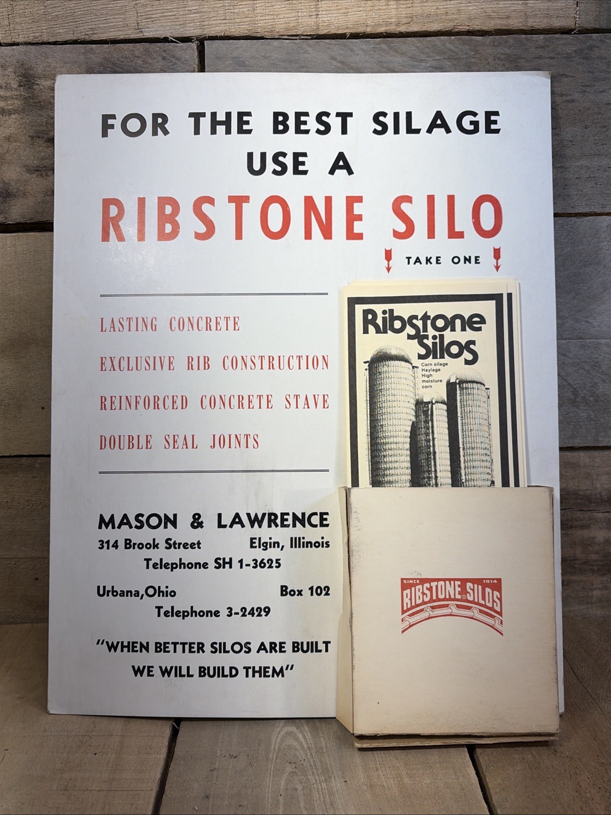 Vintage Brochure Counter Display Sign Ribstone Farm Silo Ph 3-2429 Illinois Ohio