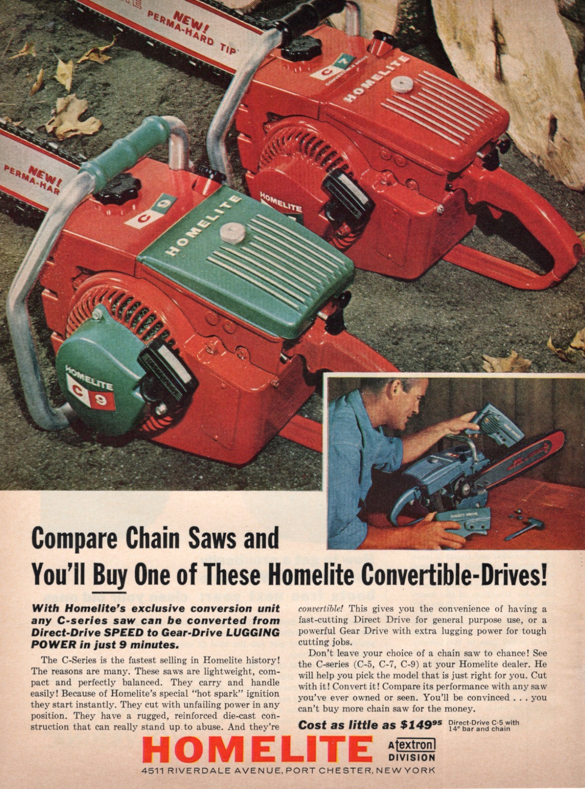 1963 Print Ad of Homelite C9 C7 C5 Chain Saw