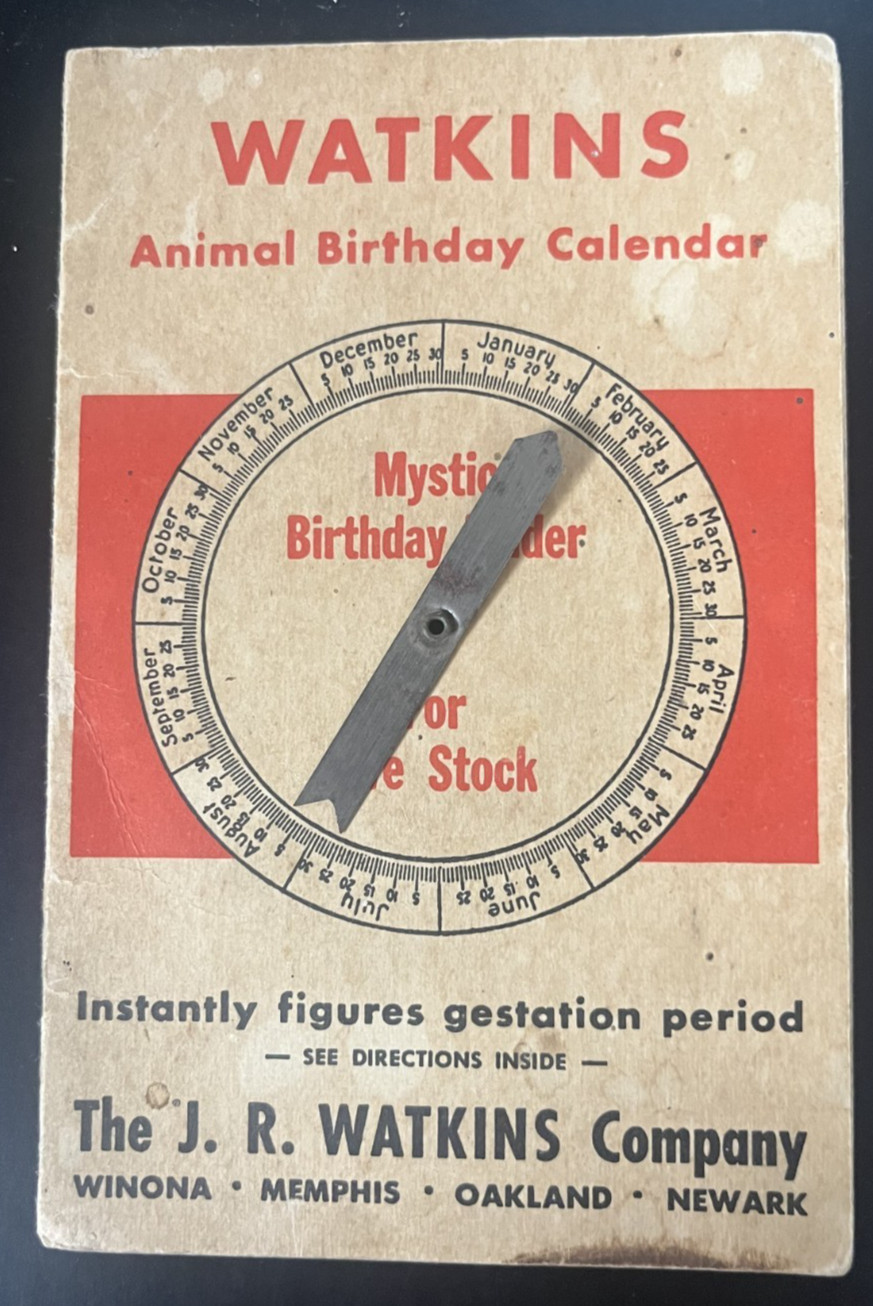 1946 Watkins Mineral Veterinary Animal Gestation/Birthday Calendar