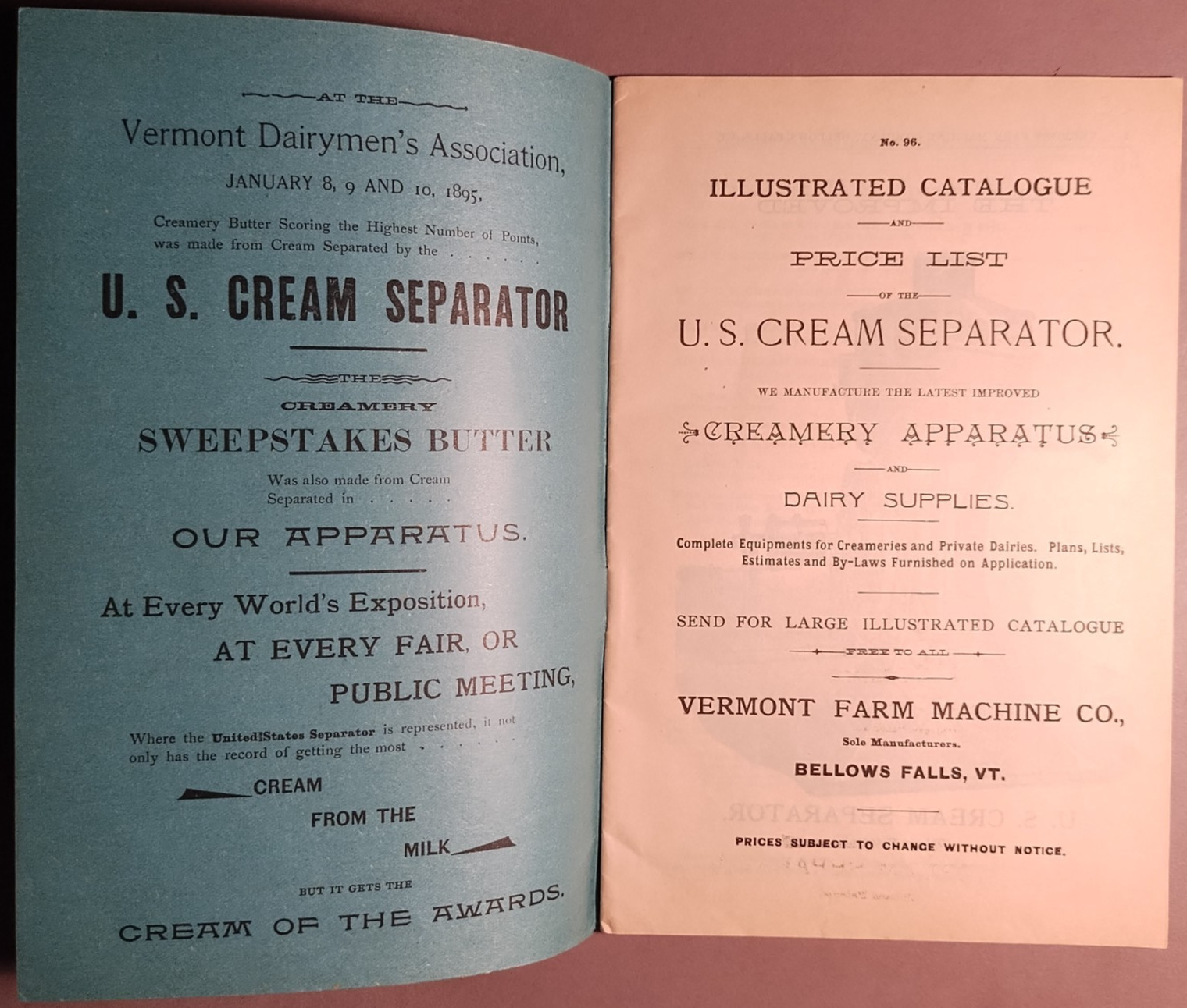 1895 US Cream Separator Vermont Farm Machine Co Catalog #96 Original ++ B6-30