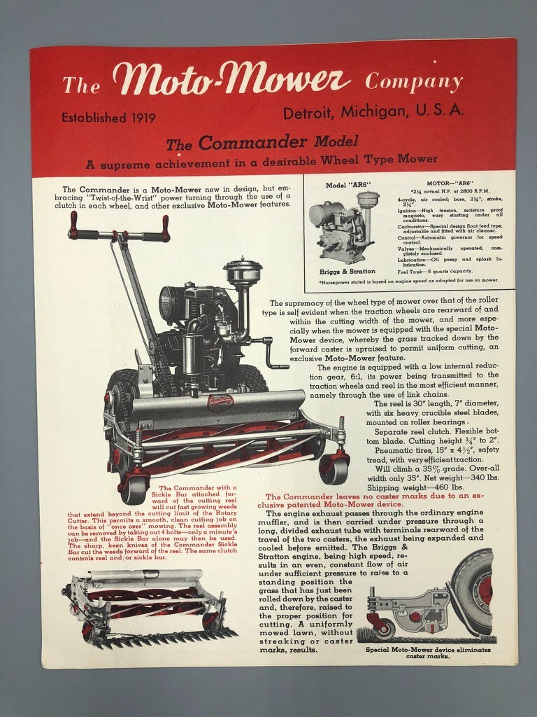 1940s Reel LAWN MOTO- MOWER Vintage COMMANDER Model ADVERTISING Brochure