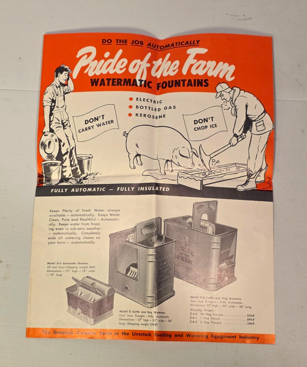 1950s Pride of the Farm Hog Livestock Automatic Water Feeder Brochure