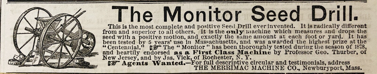1879 AD.(XH71)~THE MERRIMACK MACHINE CO. NEWBURYPORT, MASS. “MONITOR” SEED DRILL