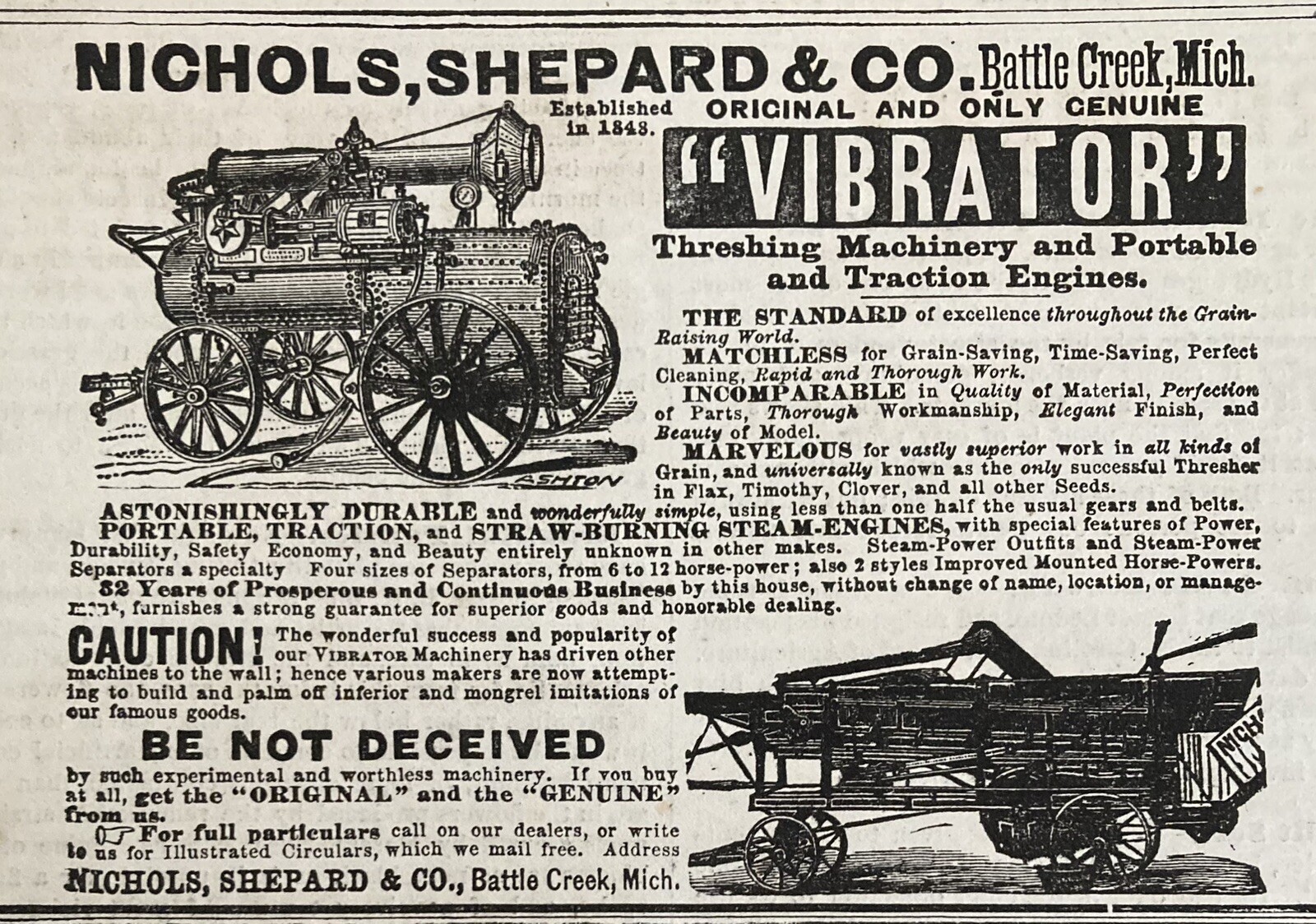 1880 AD.(XH76)~NICHOLS, SHEPARD CO. BATTLE CREEK, MI. “VIBRATOR” THRESHER