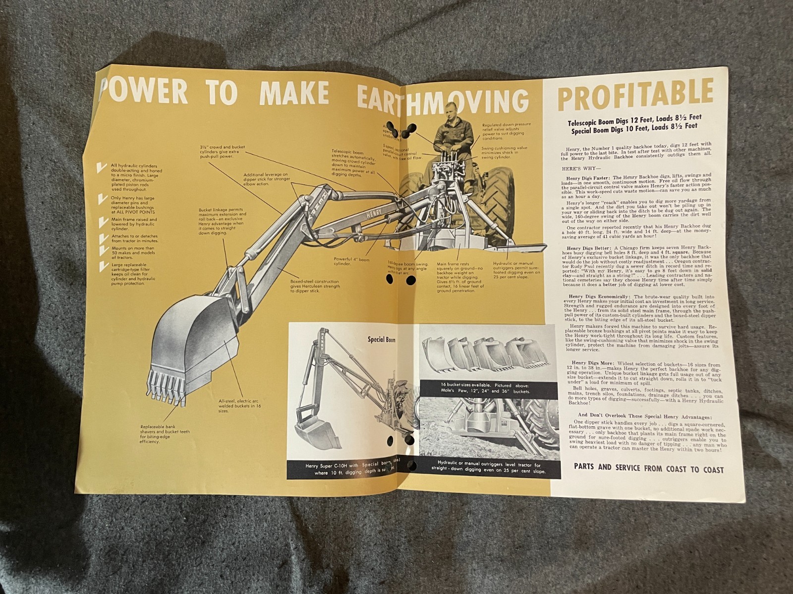 1950&rsquo;s Henry Hydraulic Backhoe Tractors Super C 10H Brochure Vintage 4 Pages