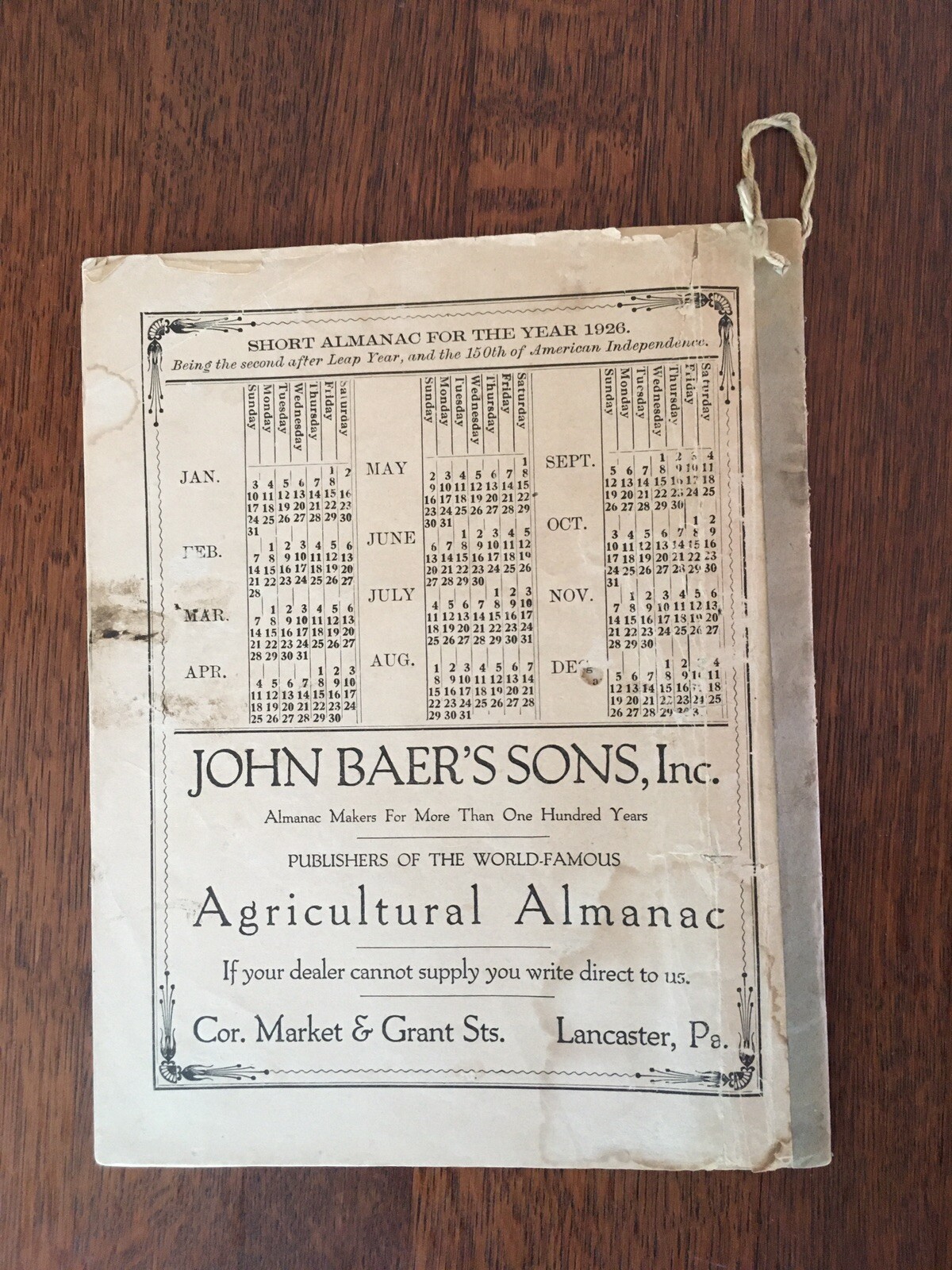 Vintage 1926 John Bear Baer&rsquo;s Agricultural Almanac Lancaster PA