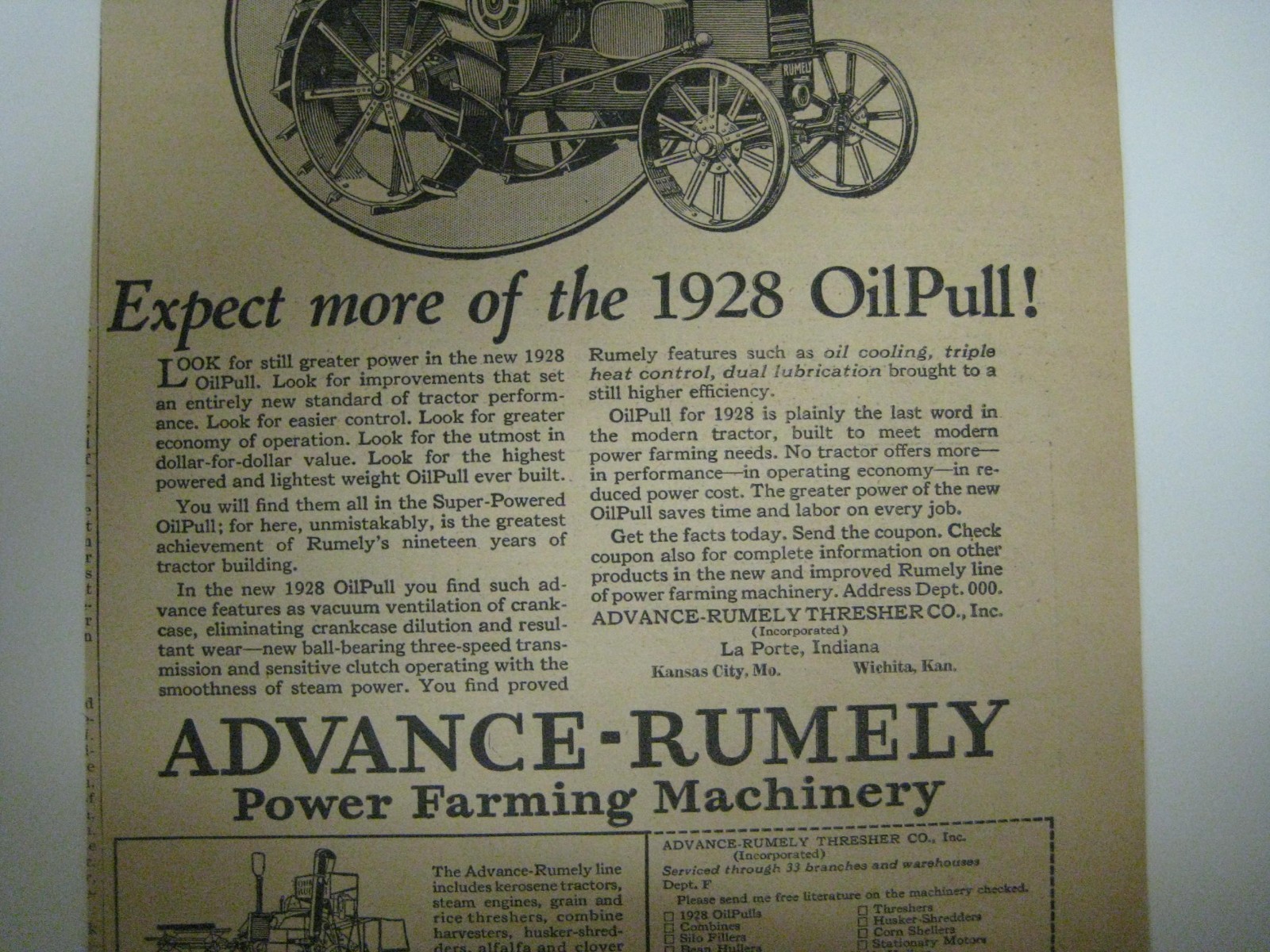 Vintage 1928 OilPull Tractor Advance-Rumely Print Ad Advertising OIL PULL Farm