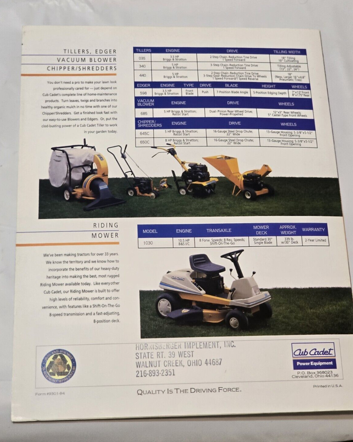 1994 Cub Cadet Ad Brochure Horrisberger Walnut Creek Ohio Full Line Mowers