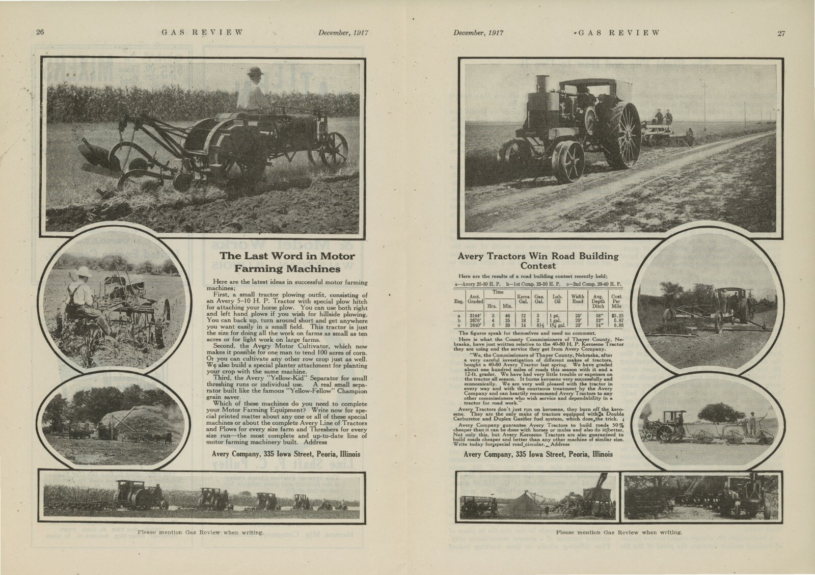 1917 Avery Co. True Centerfold Ad: Tractors for Plowing & Road Grading – Peoria