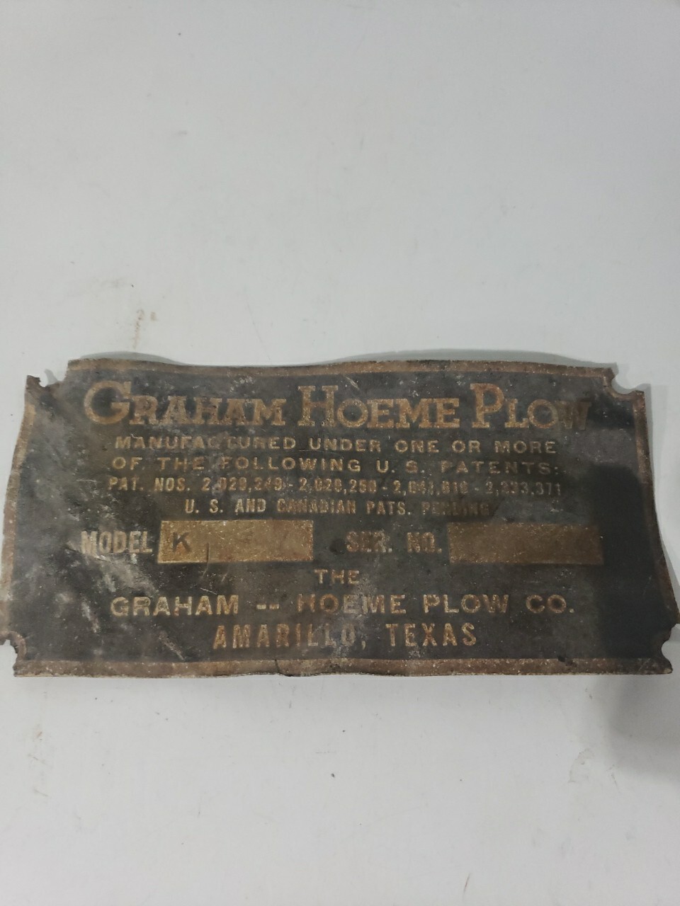 Vintage Graham Hoeme Plow Model K Plate Brass Id Tag Amarillo Texas – Used