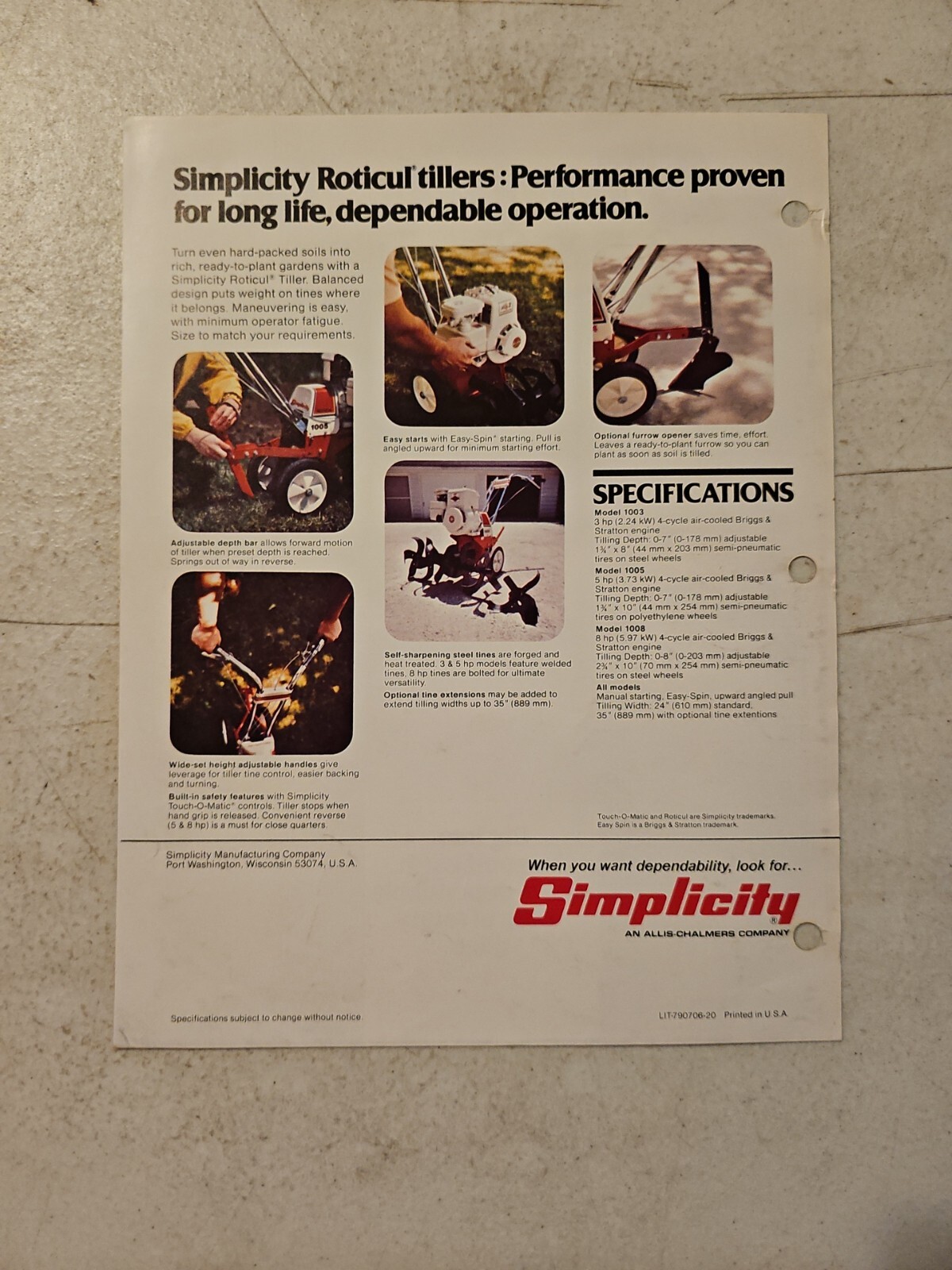 Simplicity Walk Behind Tillers Sales Brochure Literature
