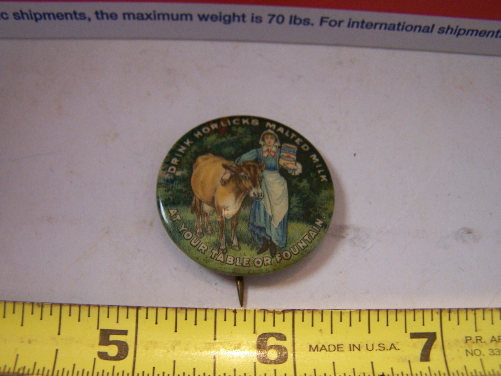 HORLICK&rsquo;S MALTED MILK Celluloid Pinback Farm Dairy Jersey Cow Whitehead Hoag