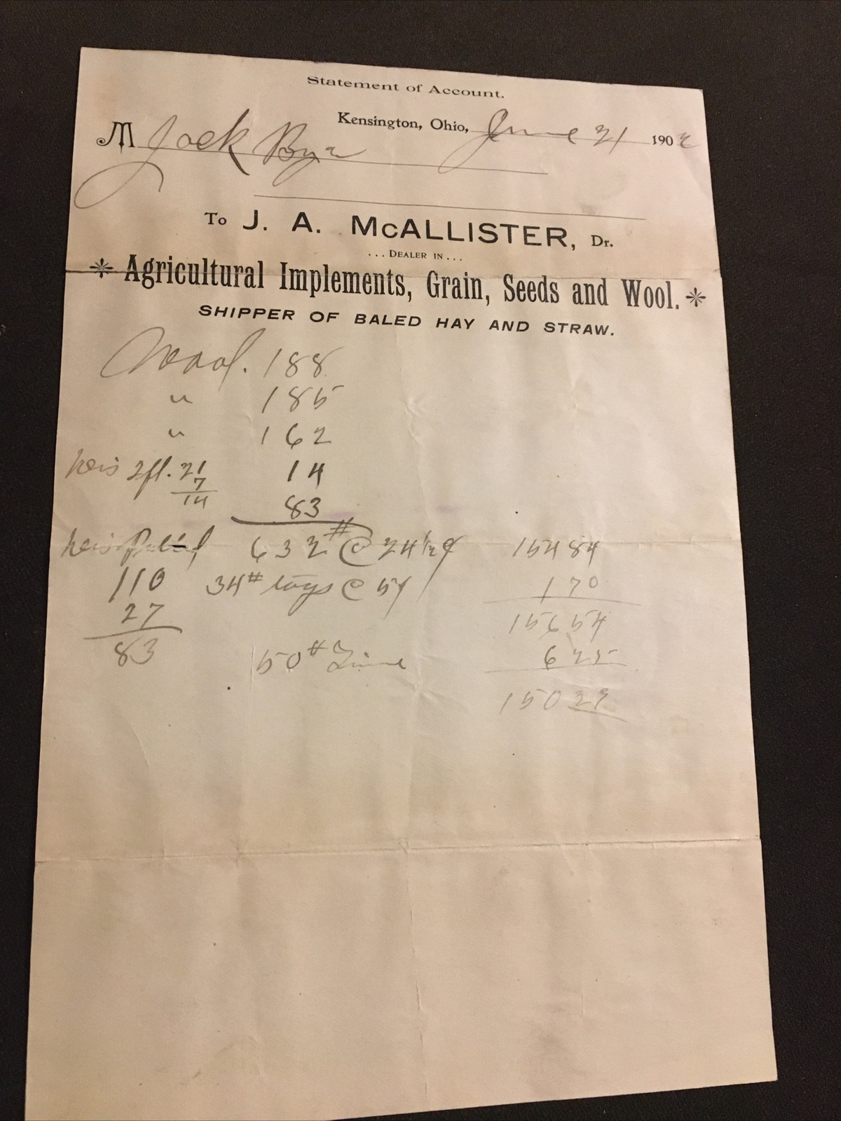 1903 Kensington Ohio Dr McAllister Implements Billhead Tractor Grain