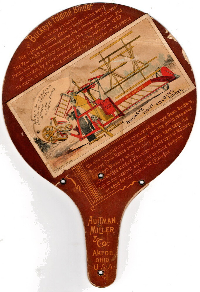 Aultman Miller Co, Buckeye Elevator Folding Binder Hand Fan Mechanical Card 1886