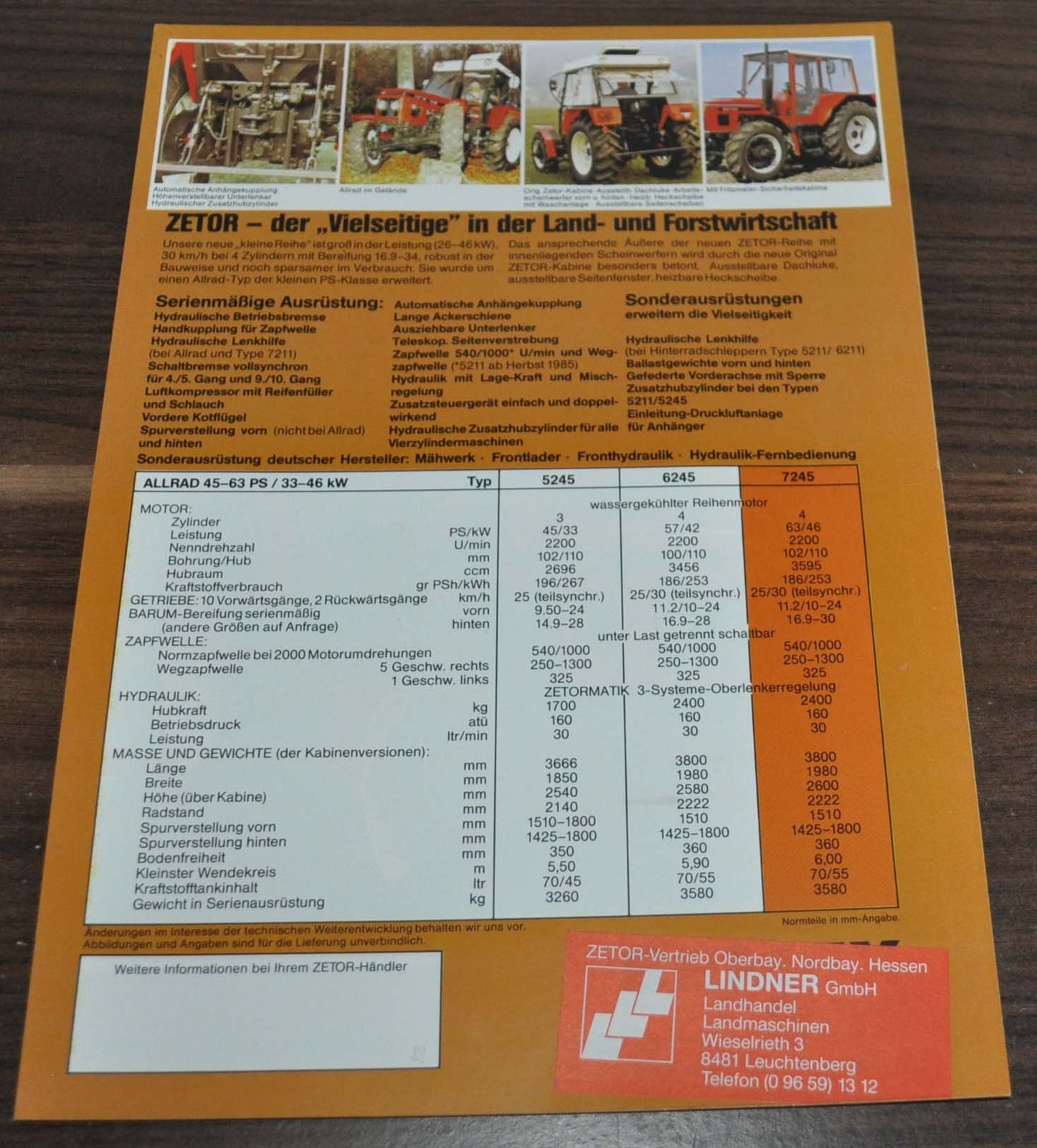 Zetor 7245 Tractor Specification Brochure Prospekt