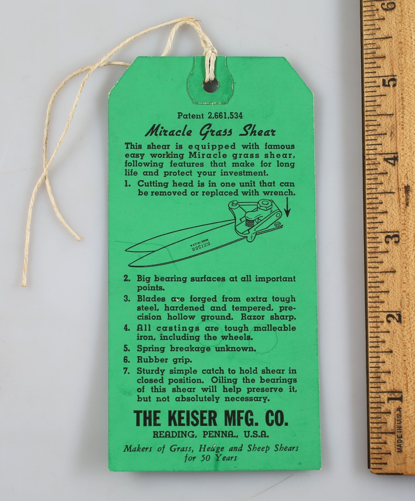 Vintage Keiser Mfg. Miracle Grass Shear Product Tag Reading Pennsylvania