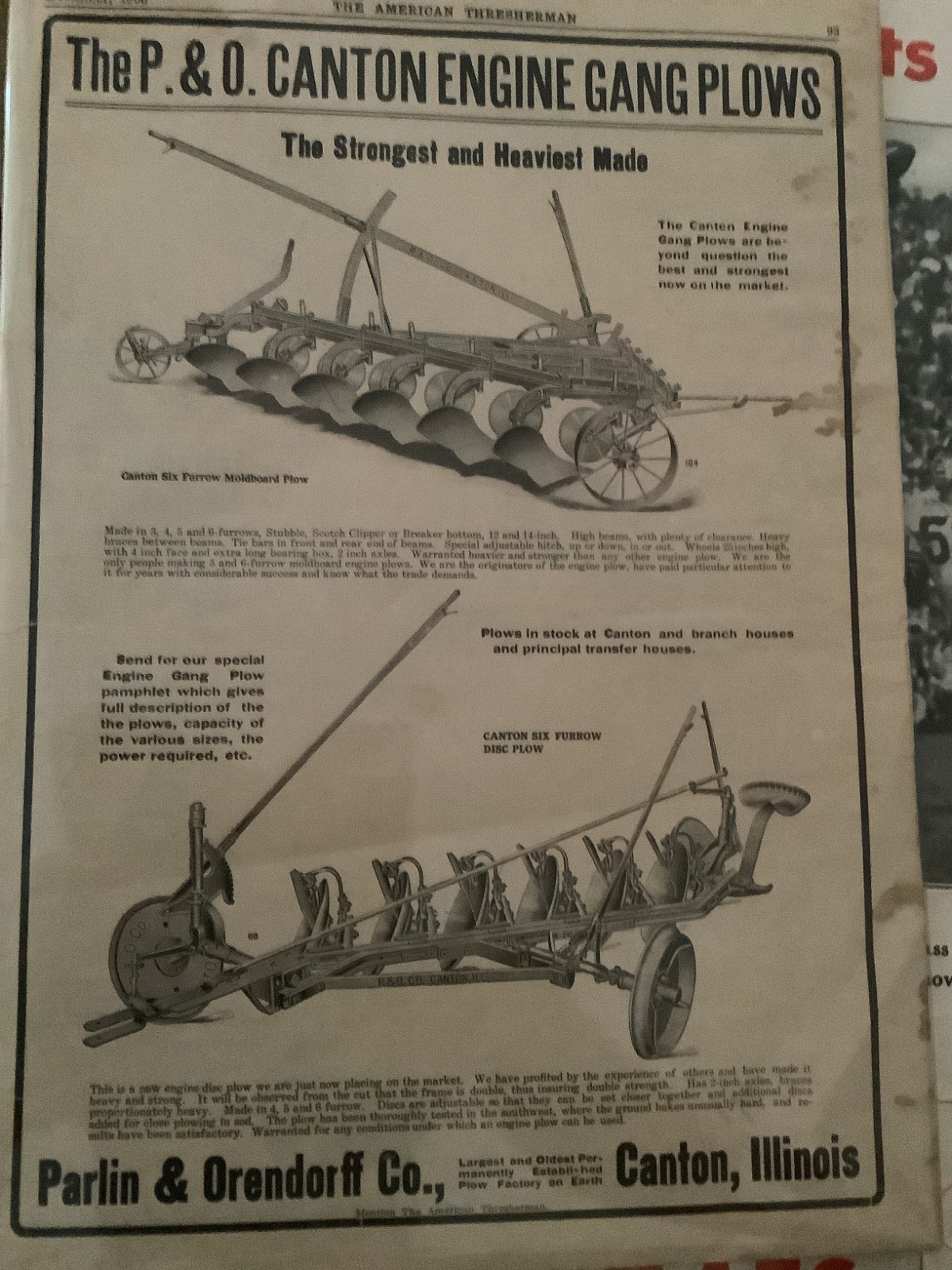 1906 P&O, Parlin & Orendorff Co. of Canton, Illinois Ad: Canton Six Furrow Plow