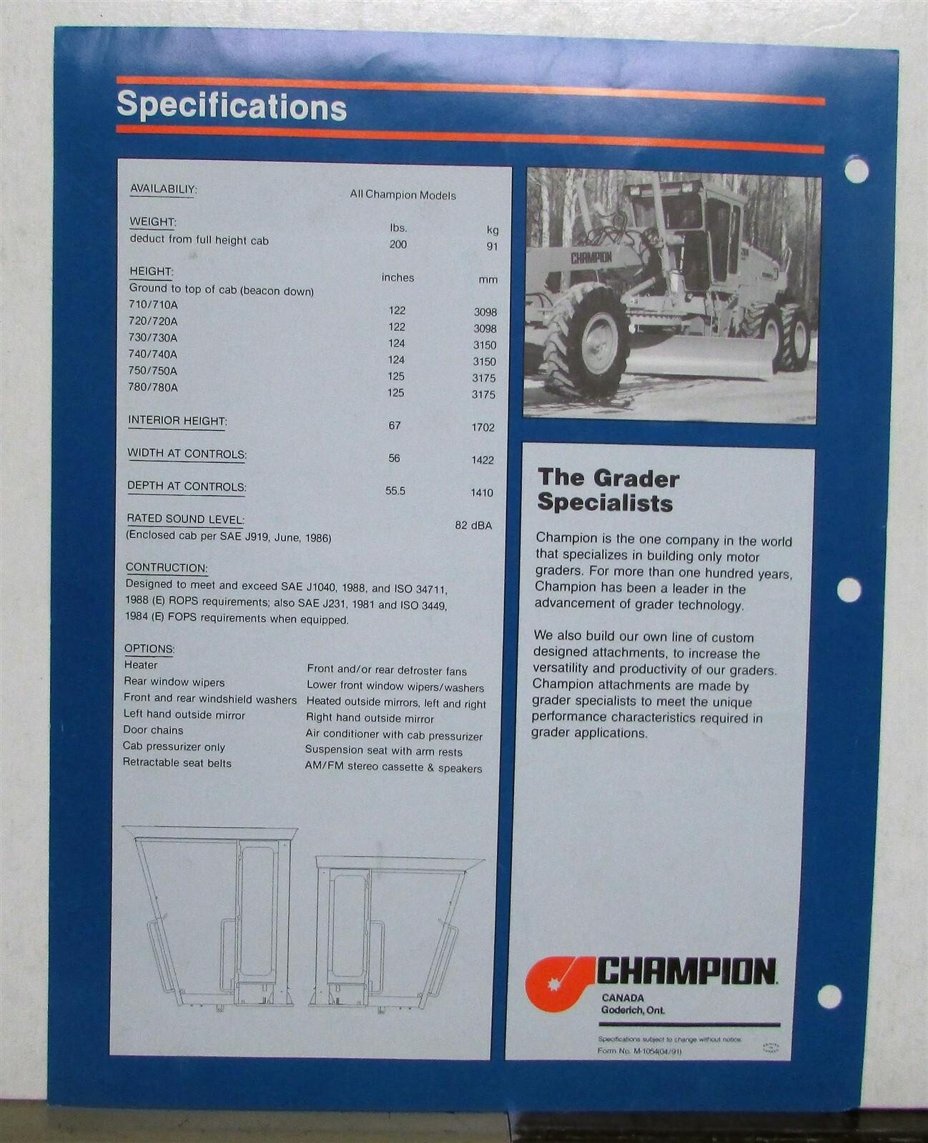 1991 Champion Low Profile Road Motor Grader Specs Construction Sales Data Sheet