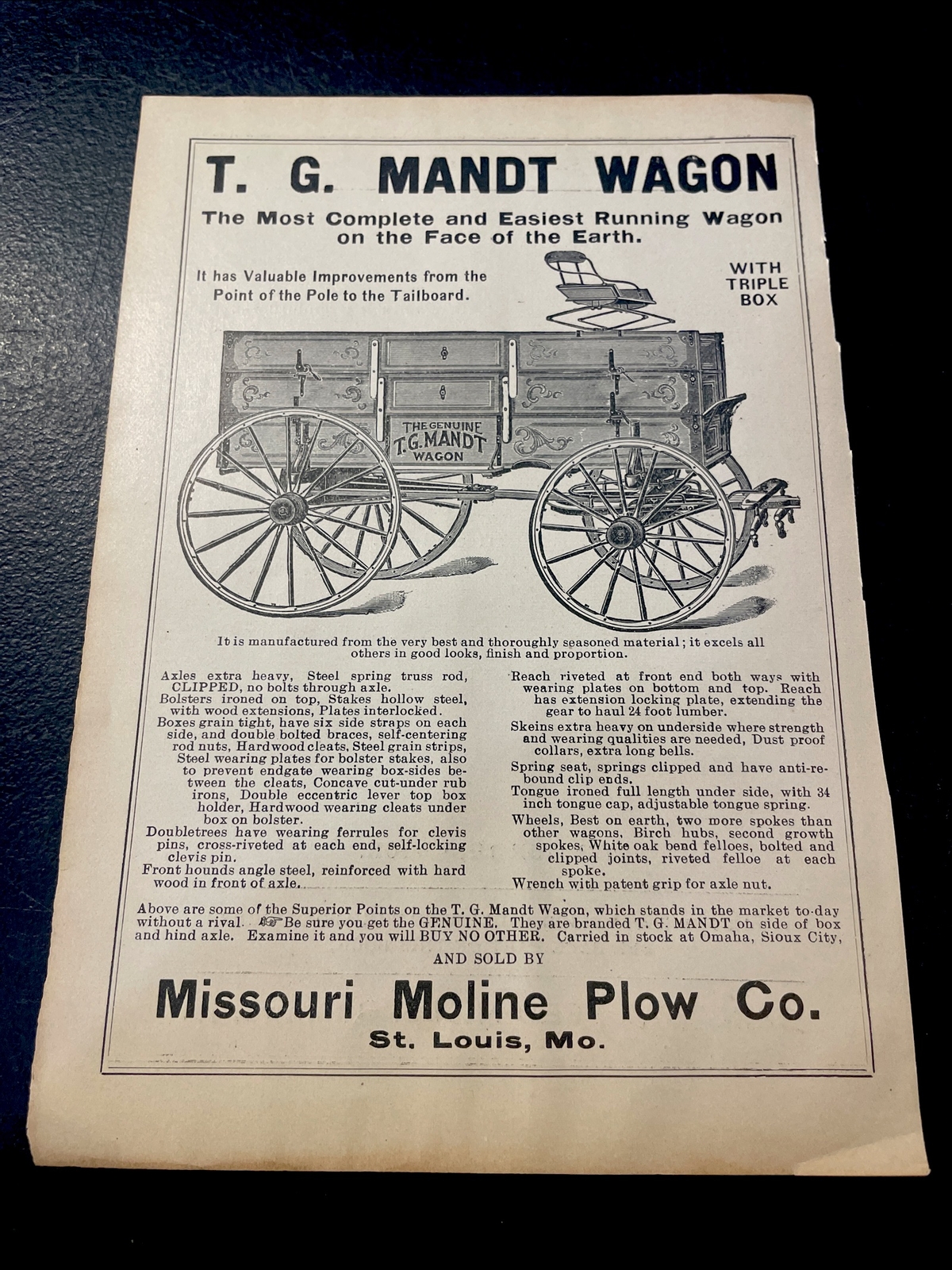 ORIGINAL 1907 T.G. Mandt Wagon Farm Advertising – Missouri Moline Plow St. Louis