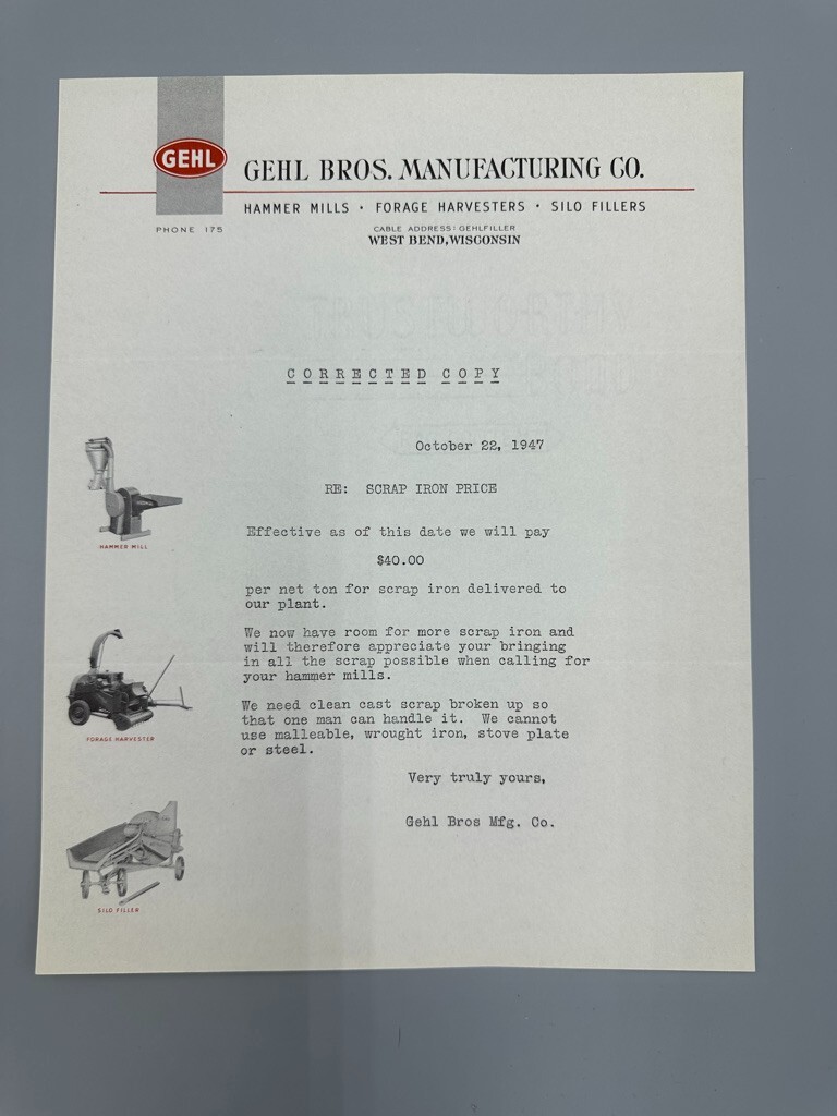 1947 GEHL BROS Farm Machinery WEST BEND WISCONSIN Advertising Vintage Letterhead