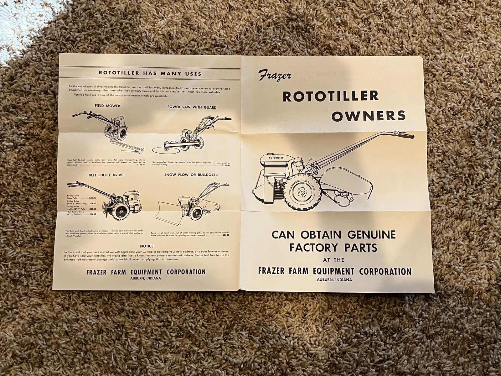 1960&rsquo;S FRAZER FARM EQUIPMENT, « ROTOTILLER » GENUINE FACTORY PARTS LIST