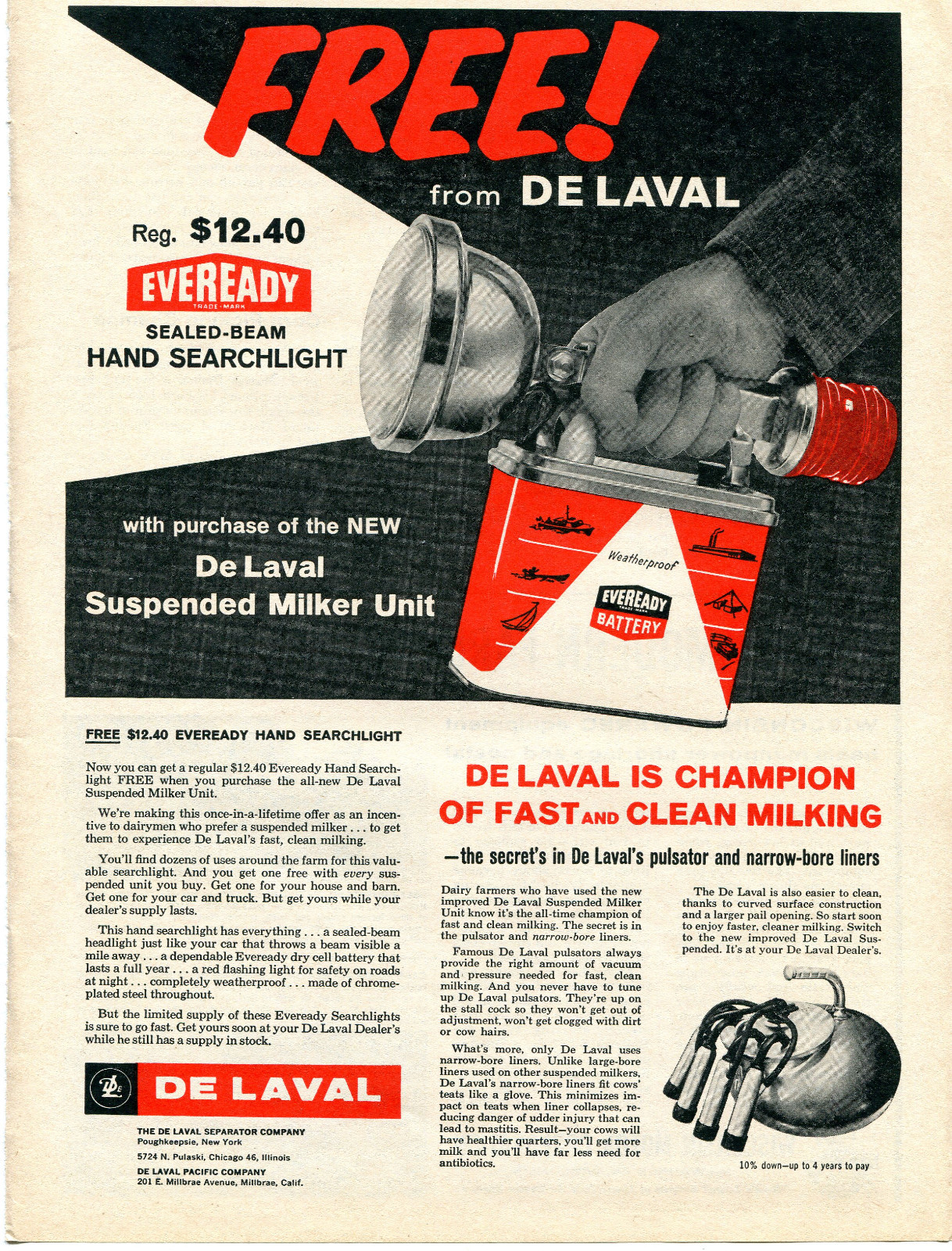 1959 Print Ad De Laval Separator Co Suspended Milker Eveready Battery Flashlight