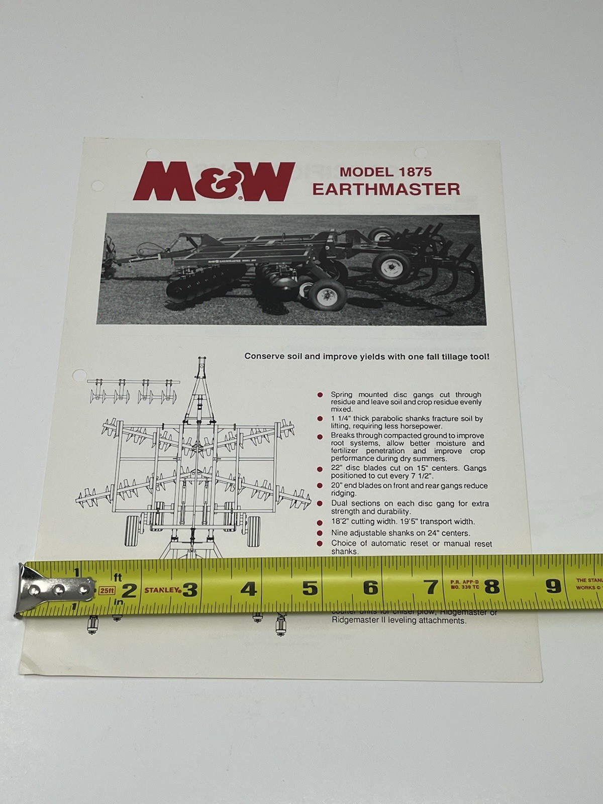 M&W Earthmaster Model 1875 General Specifications Dealer Sales Brochure
