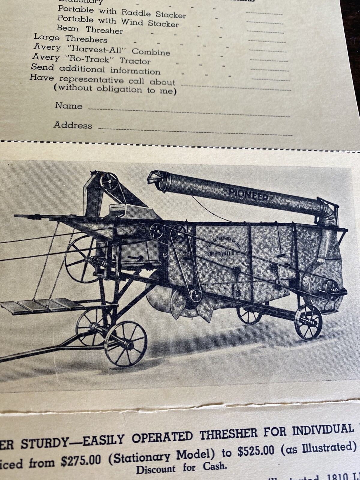 Vintage Advertisement Pioneer Grain Thresher 1930s Brochure Reply Card