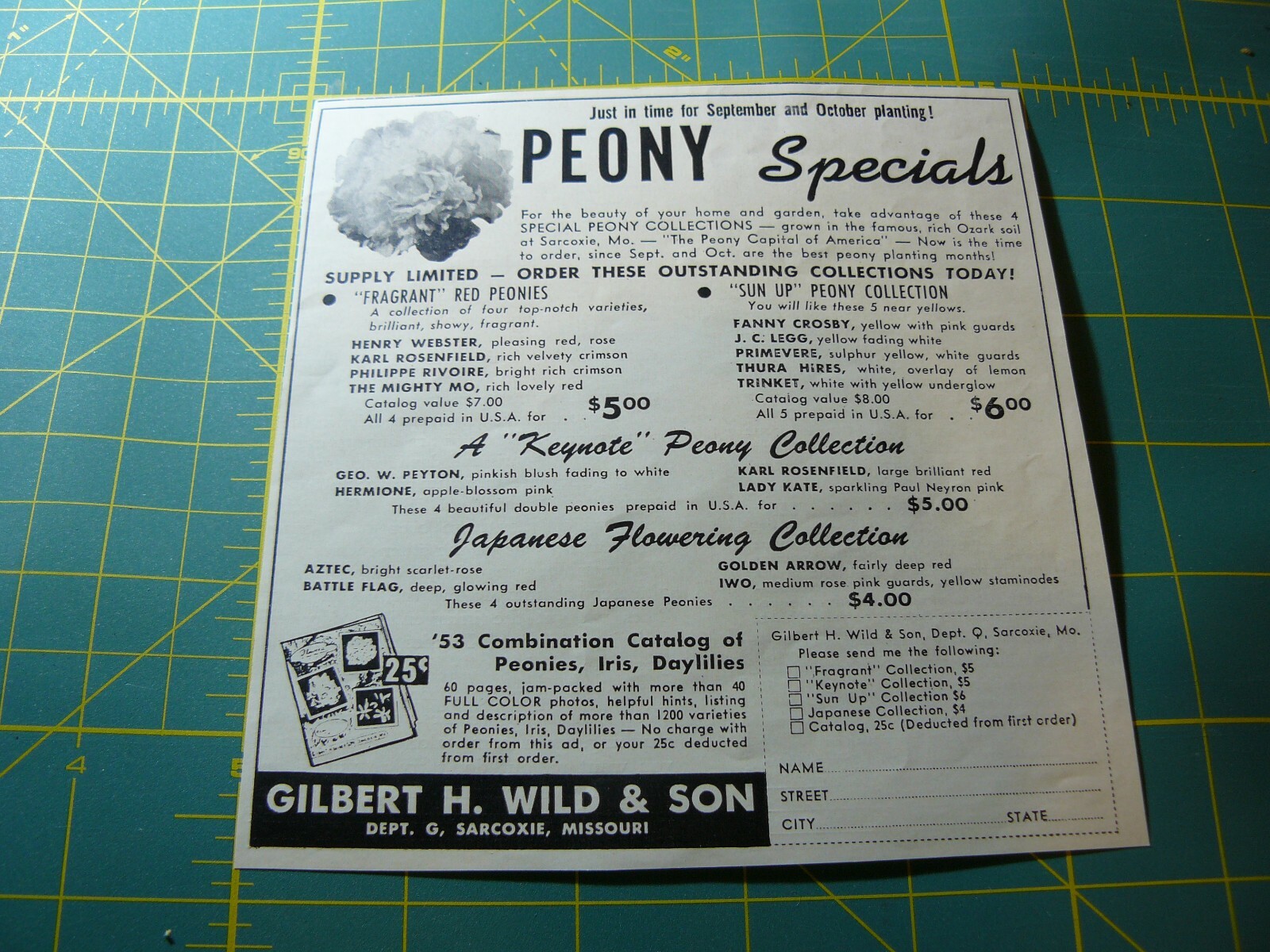 The FARM QUARTERLY -Autumn 1953- PEONY SPECIALS – Gilbert H. Wild / Sarcoxie, MO