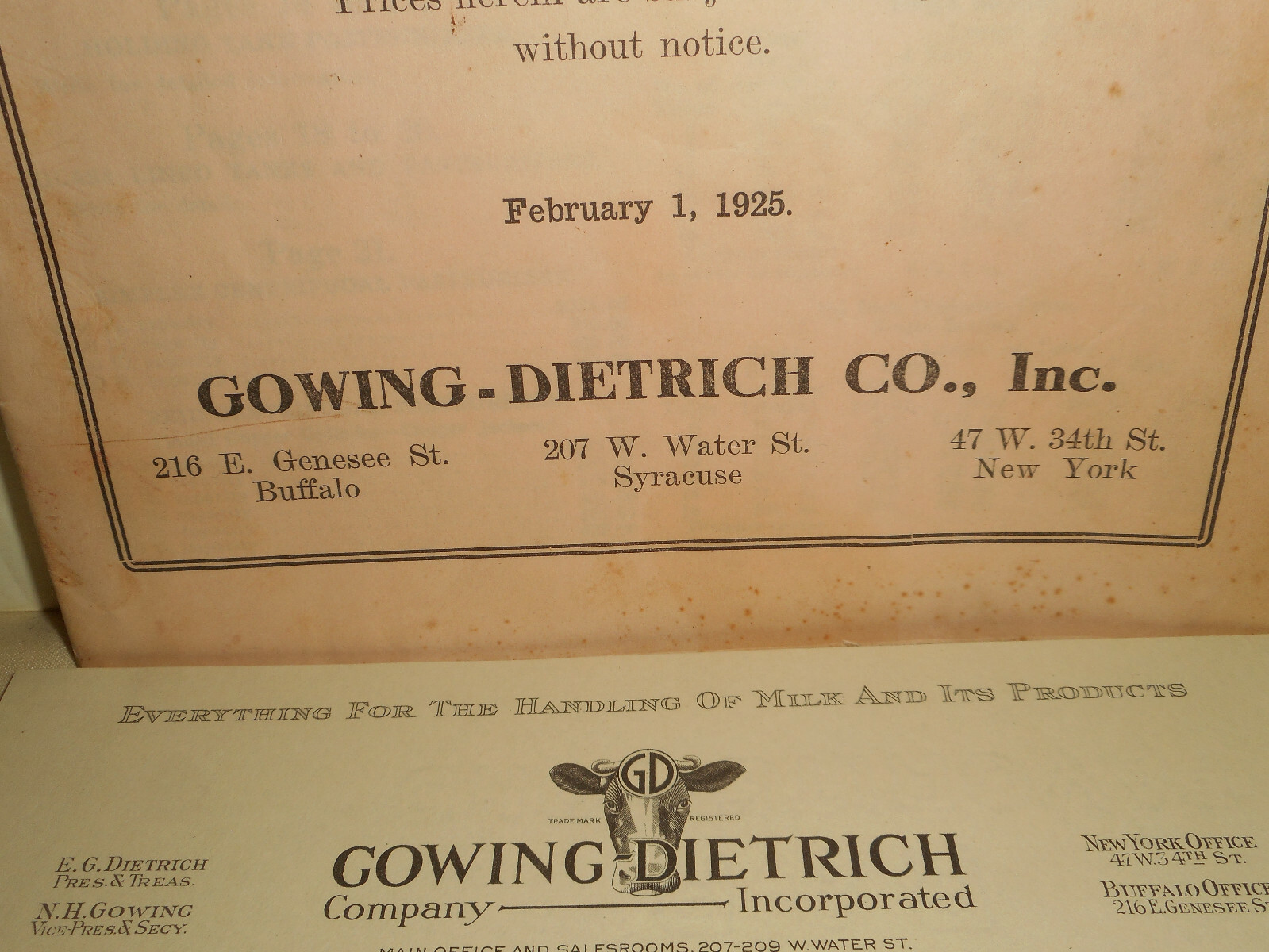 1925 GOWING DIETRICH Co. NY Dairy Farm Ice Cream Equipment Catalog & Letterhead