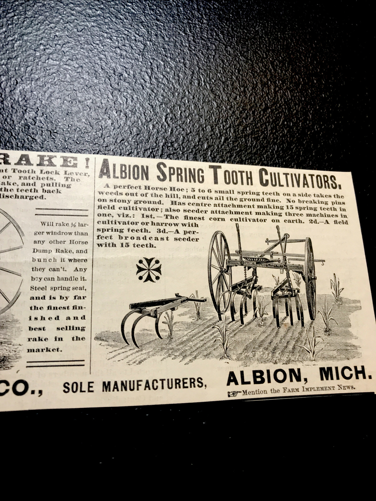 1886 Albion Daisy Rake Farm Engraving Advertising – Albion – Michigan
