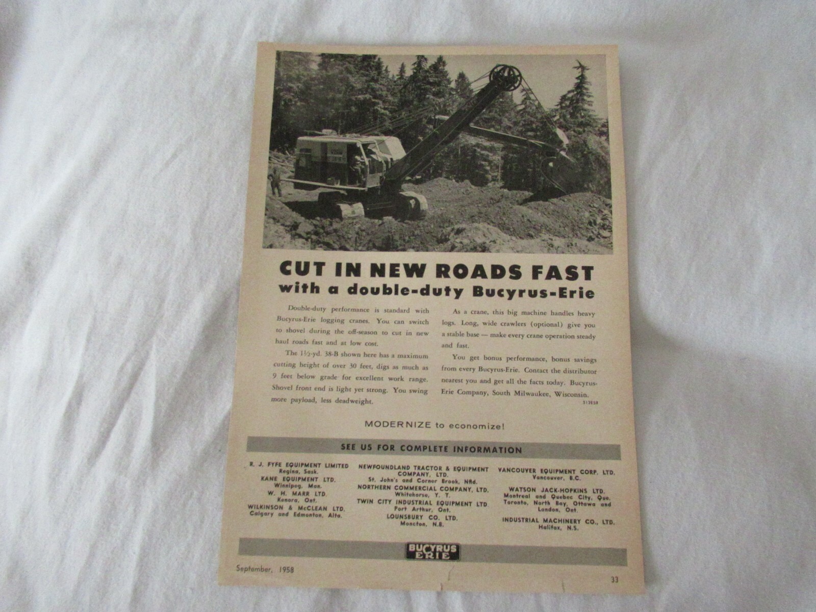 1958 Bucyrus Erie 38-B logging crane shovel print AD