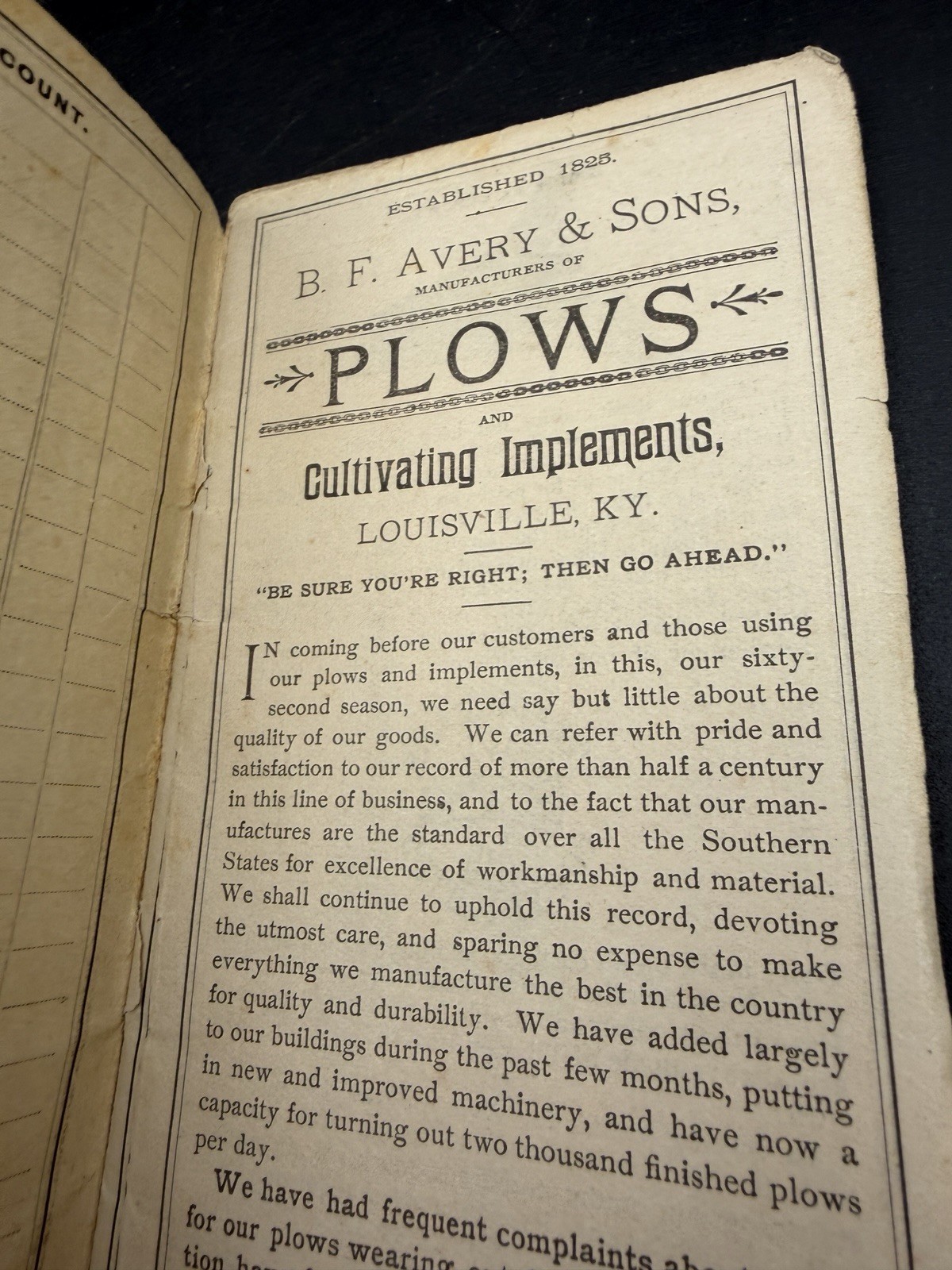 1888 B.F. Avery & Sons Genuine Avery Plow Pocket Calendar Memo Book Farm Ad