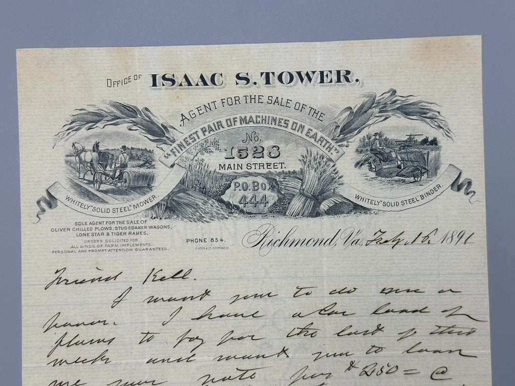 1891 WHITELY MOWER Binder FARM Advertising Isaac Tower Letter RICHMOND Virginia