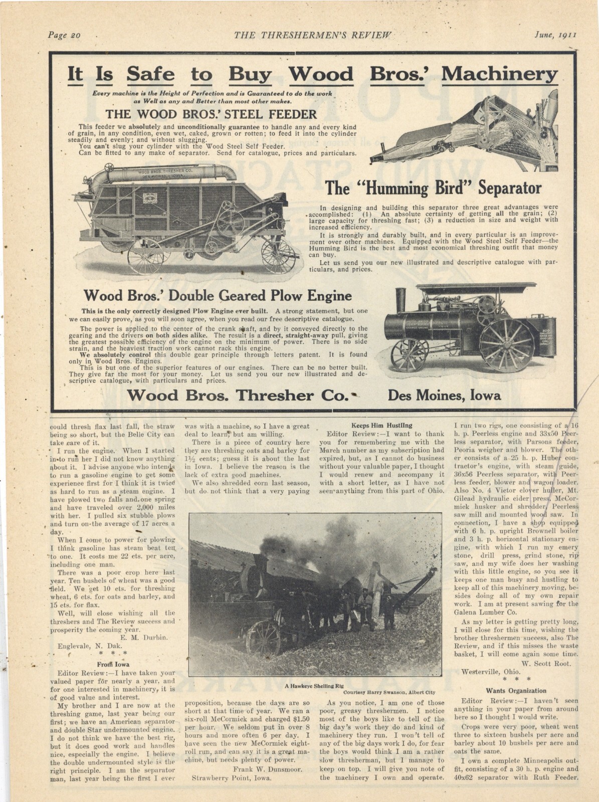 1911 Wood Bros. Thresher Co. Ad: Double Geared Plow Engine & Steel Feeder +++