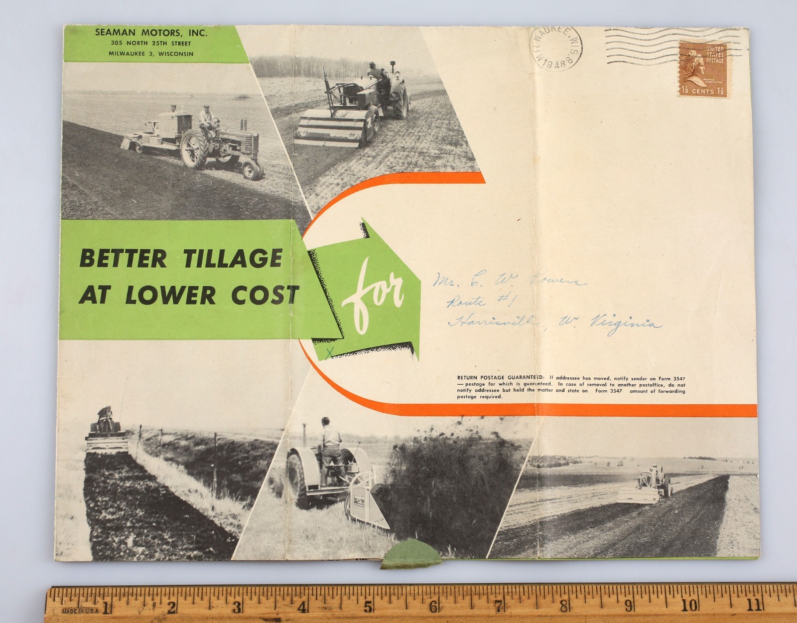 Vintage 1948 Seaman Tiller Farm Agricultural Equipment Foldout Mailer Milwaukee
