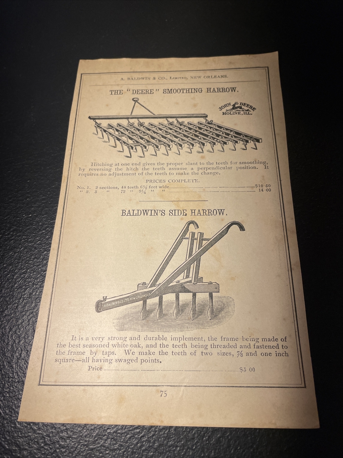 1891 Baldwin – John Deere Smoothing Harrow Farm Advertising – New Orleans