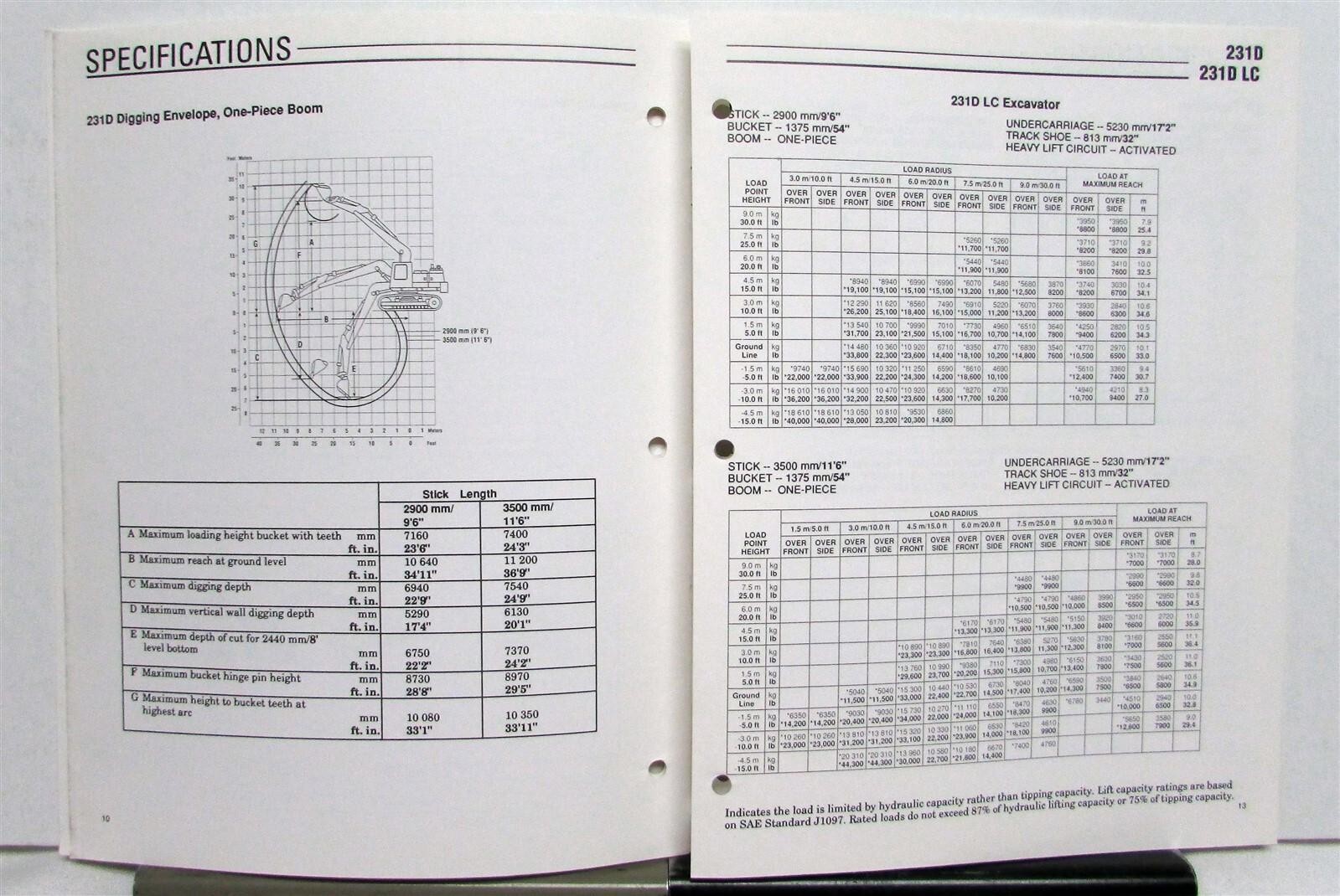 1989 CAT 231D 231DLC Excavator Construction Specifications Sales Brochure