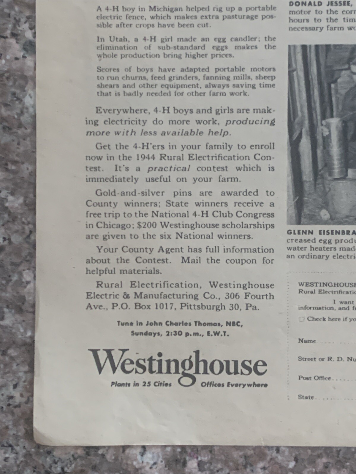 1944 Westinghouse Rural Electrification Contest PRINT AD 4-H Food Farm VTG 1940s