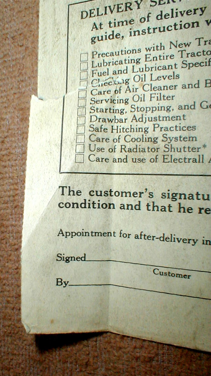Farmall 450 + 450 Hi-Clear Tractor Blank Delivery Report Dealer&rsquo;s Copy