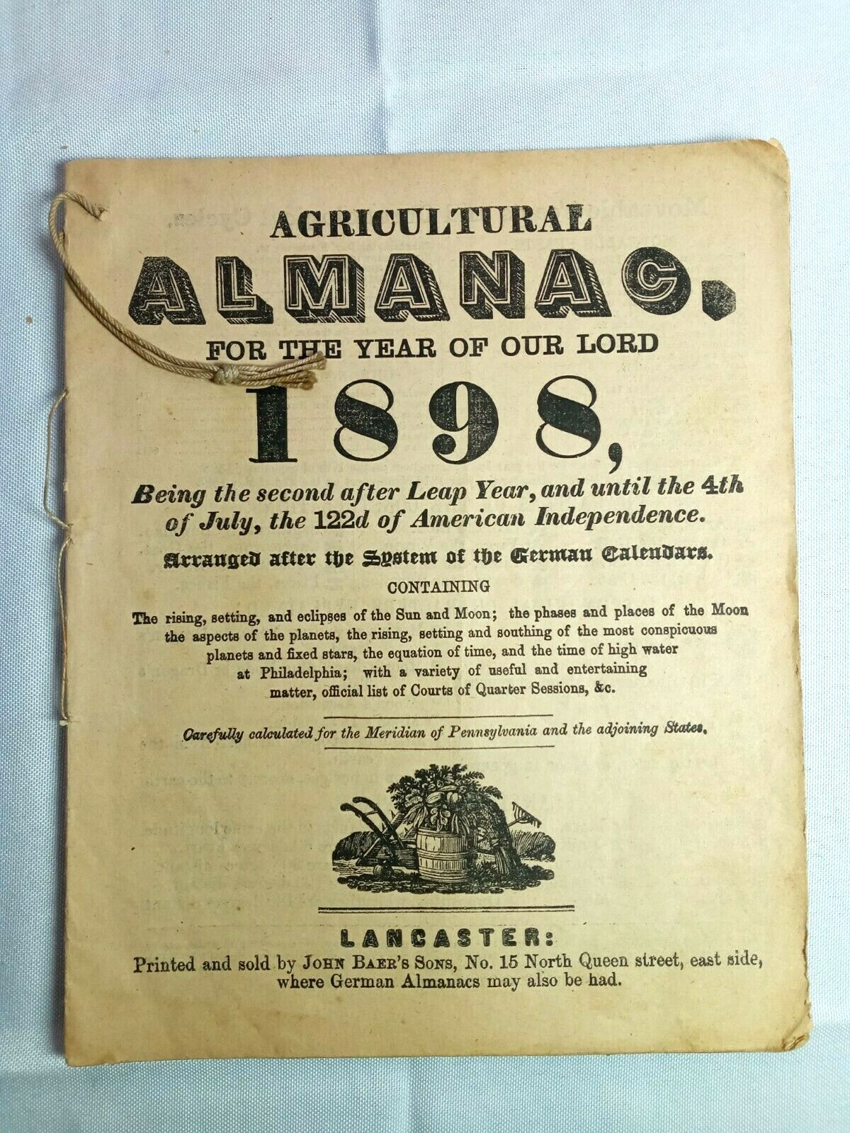 1898 John Bear Baer&rsquo;s Agricultural Almanac Lancaster, PA Antique Farmers Vintage