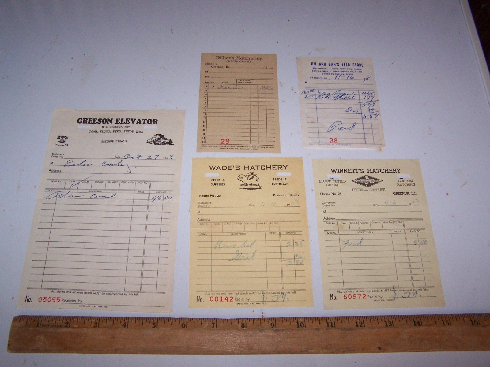 Five 1950&rsquo;s GREENUP ILLINOIS Sales Receipts – Dillier&rsquo;s Winnett&rsquo;s Wade&rsquo;s Greeson