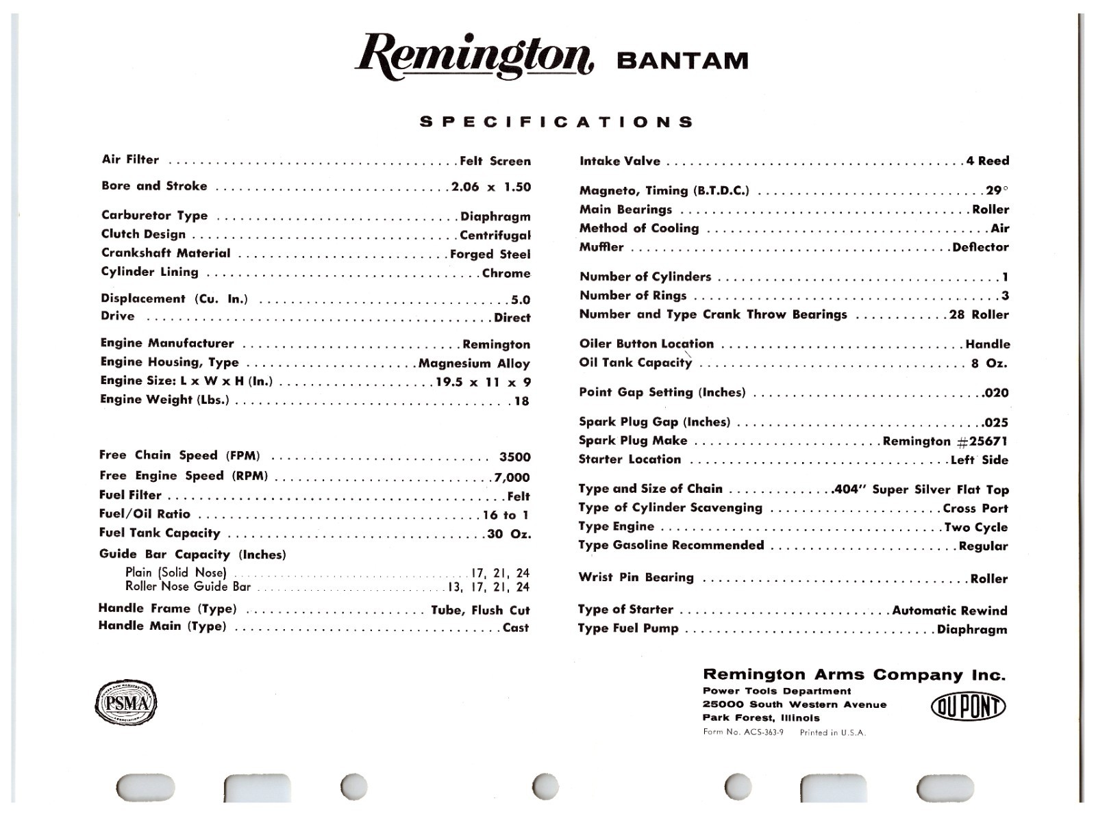 Vintage Original Remington Chainsaws Sales Sheet (Model – Bantam) Info Sheet