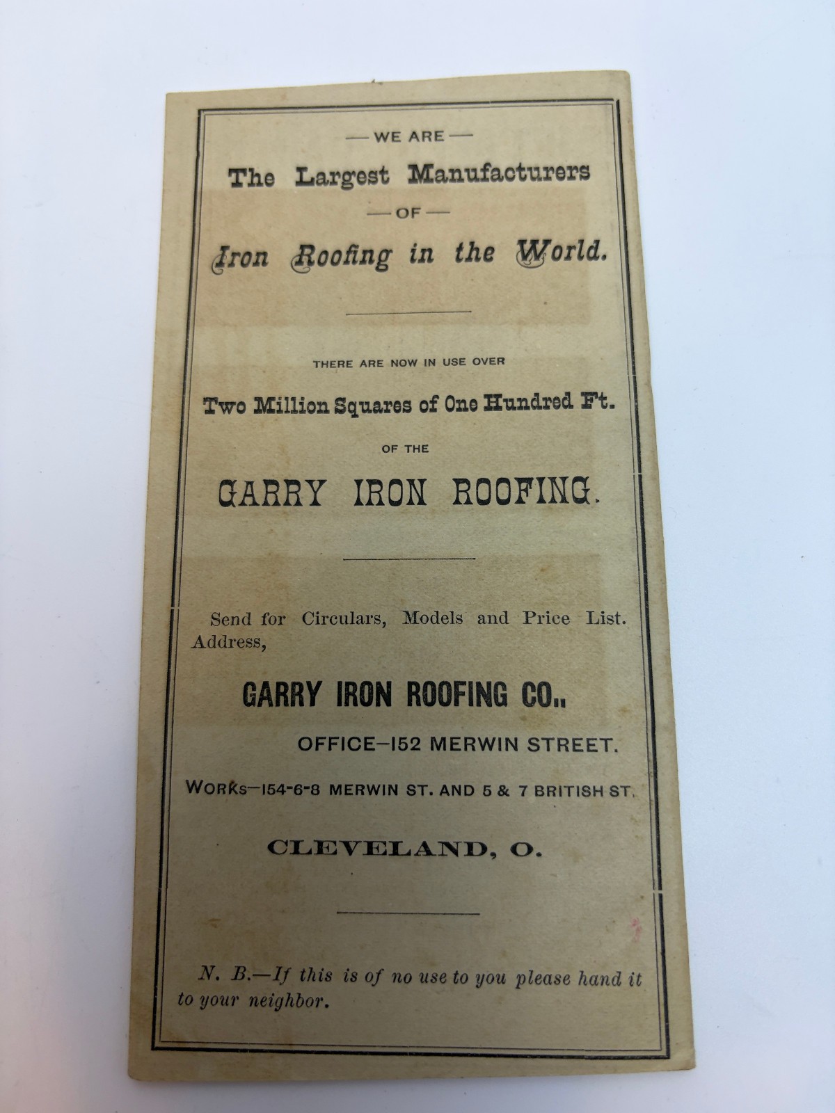 1872 Garry Iron Roofing Co Catalog Cleveland OH Patent Roofing Paint Samples 20p