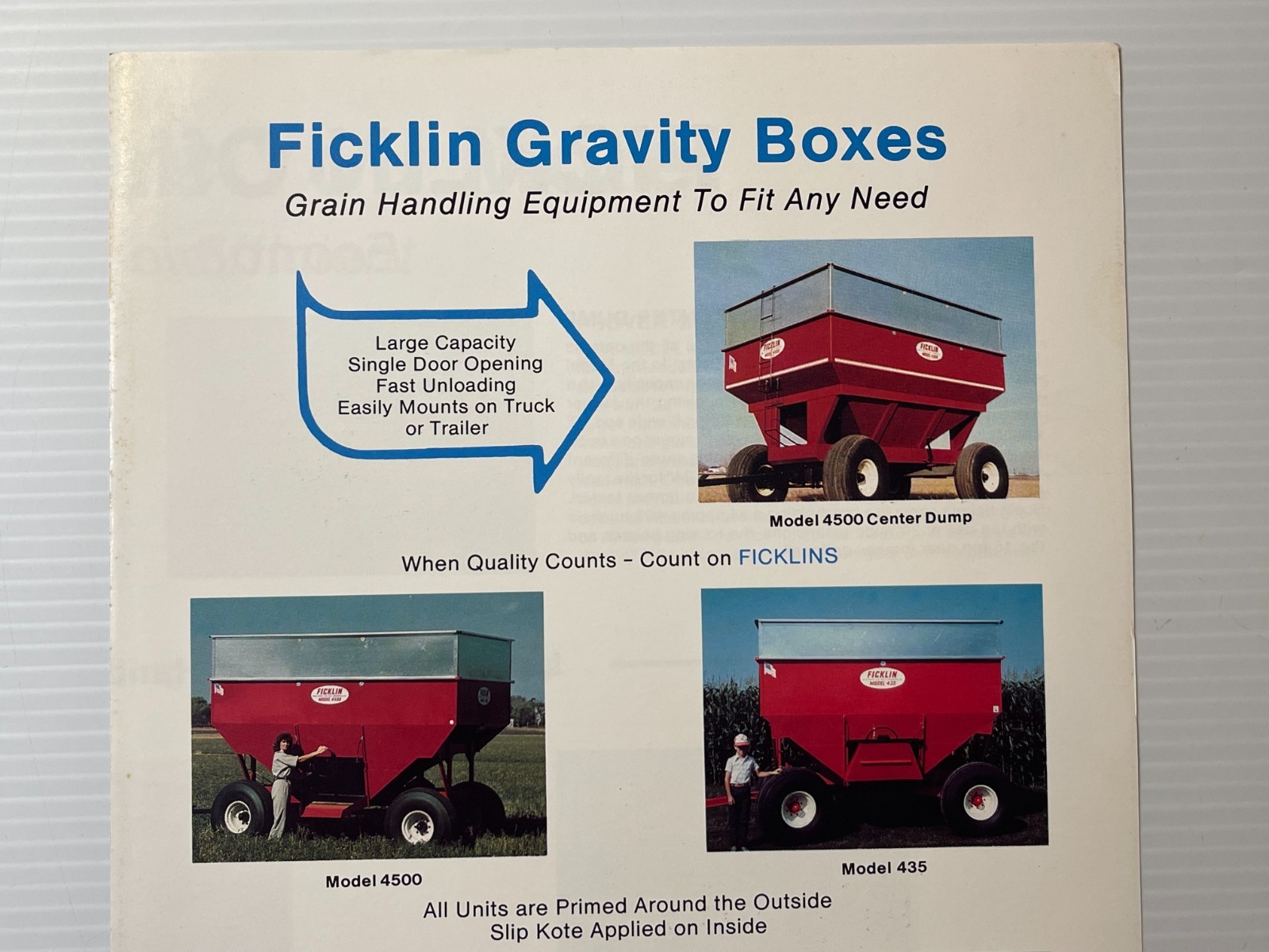 1980s Ficklin Gravity Boxes – Original Dealer Sales Brochure (Dated 1970s / 80s)