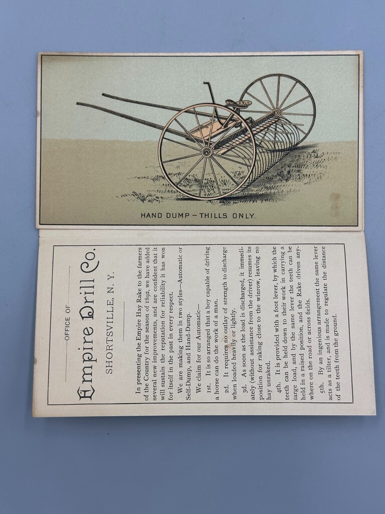 1880s EMPIRE DRILL Hay Rake FARM Advertising Folding Trade Card SHORTSVILLE NY