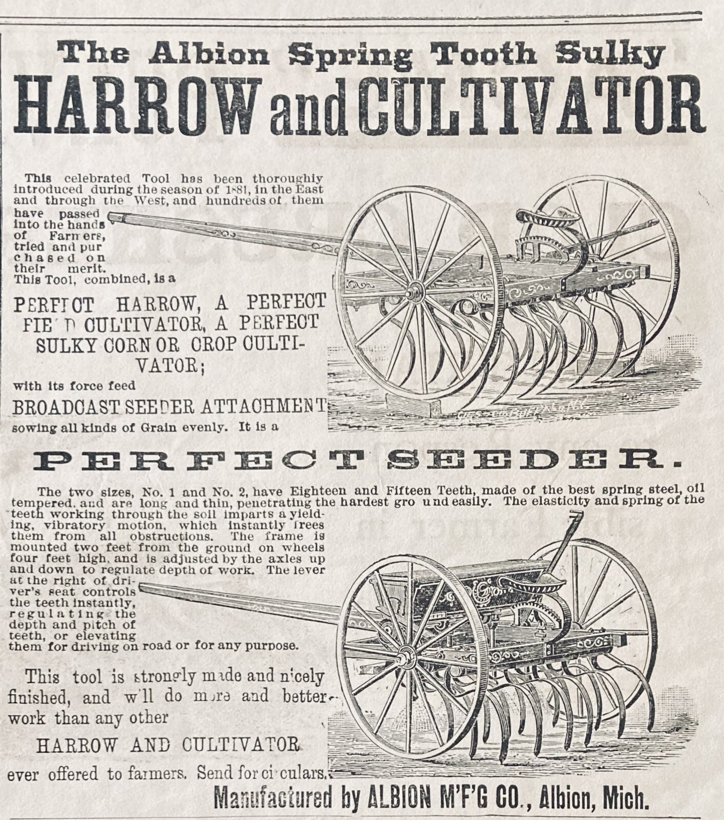 1882 AD.(XH64)~ALBION MFG. CO. ALBION, MI. SULKY HARROW AND CULTIVATOR
