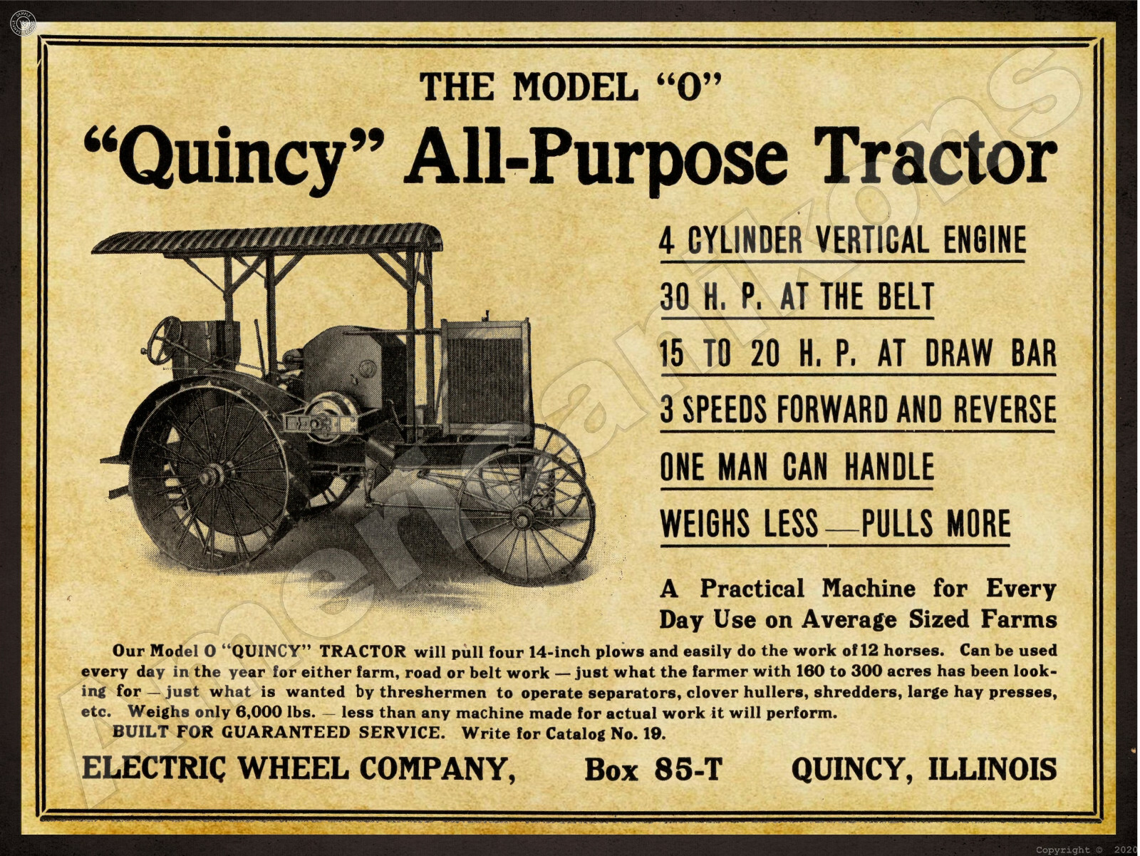 1912 Electric Wheel Co. New Metal Sign: Quincy Tractor – Quincy, Illinois