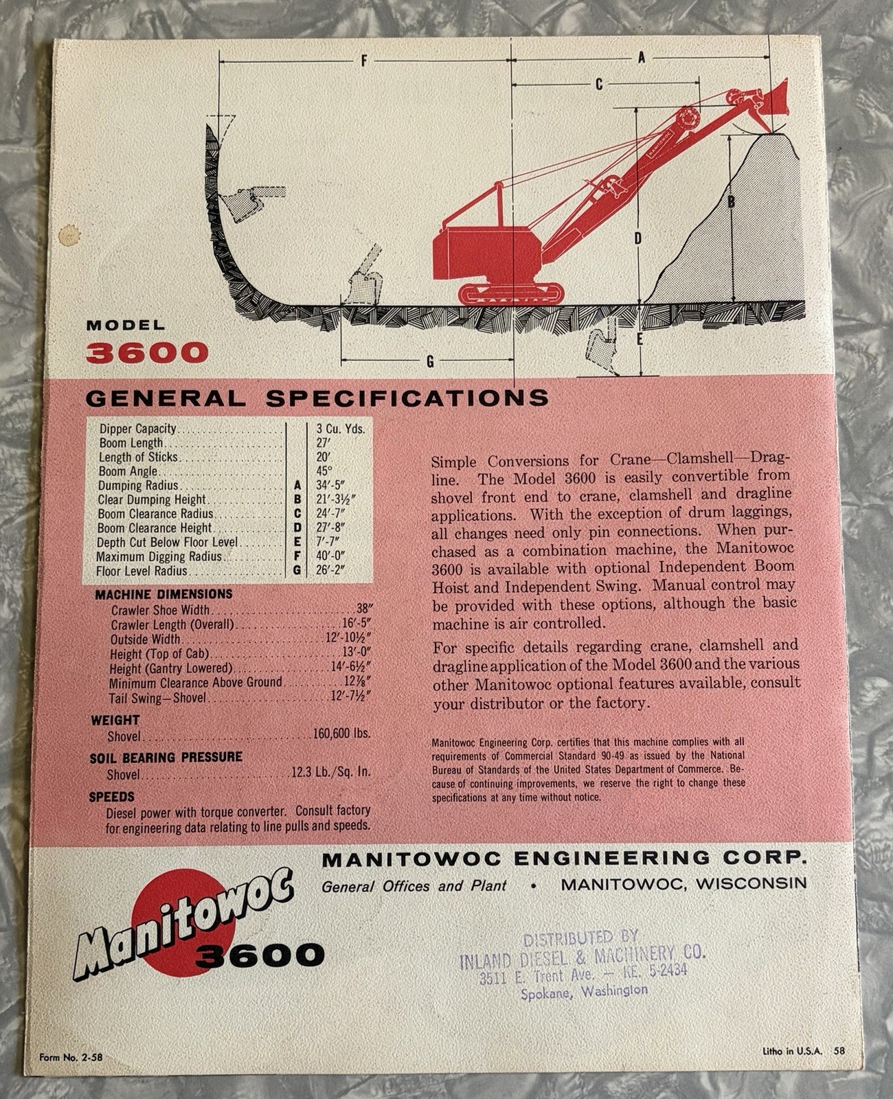1958 MANITOWOC 3600 3 YD SHOVEL DRAGLINE CLAMSHELL 6 PG SALES BROCHURE