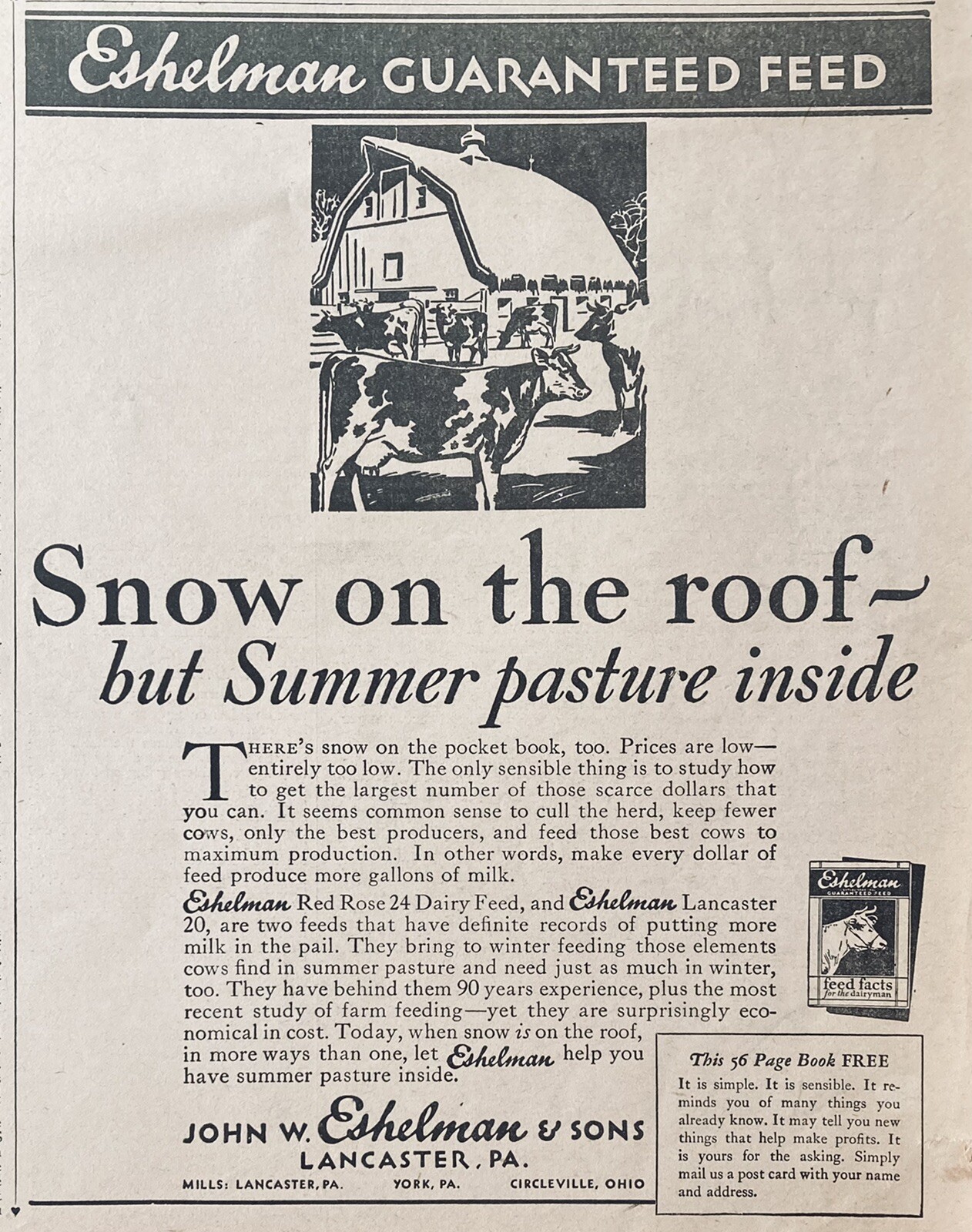 1932 AD.(XH39)~JOHN W. ESHELMAN CO. LANCASTER, PA. RED ROSE 24 DAIRY RATION FEED
